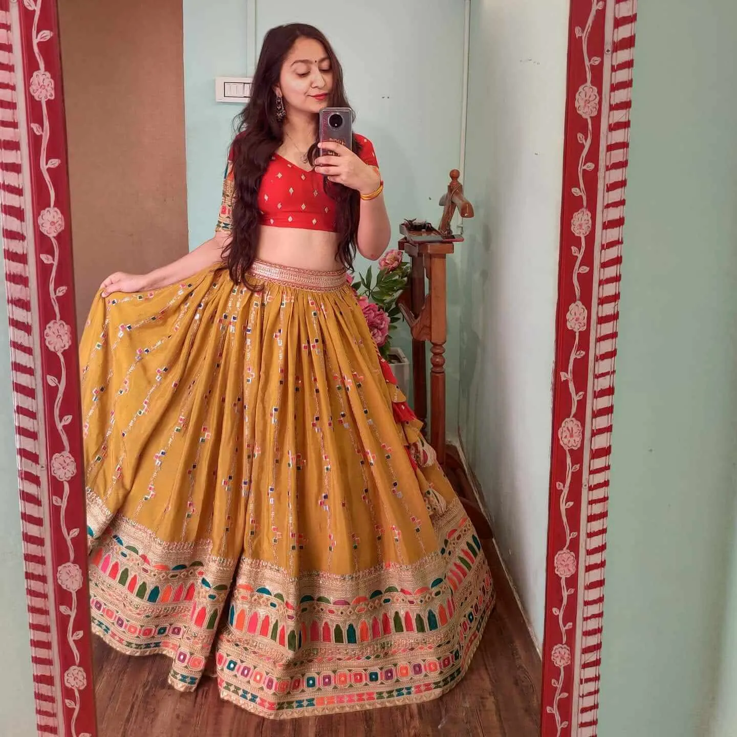 karva-chauth-wedding-special-festive-designer-lehenga-half-sleeves-flared-mustard-lehenga