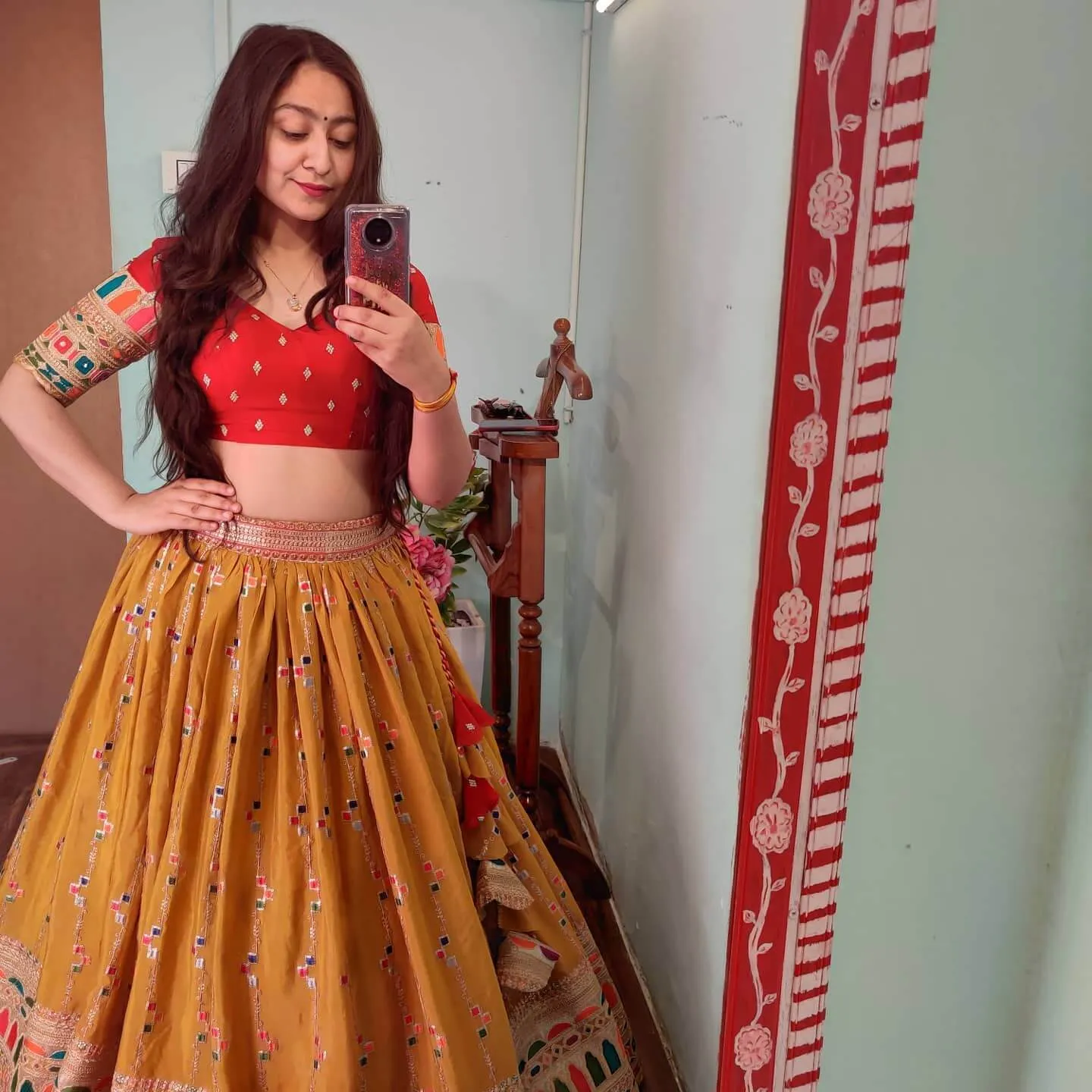 karva-chauth-wedding-special-festive-designer-lehenga-half-sleeves-flared-mustard-lehenga