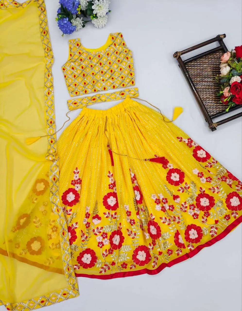 Kids Embroidery Sequence Lehenga Blouse set with Dupatta