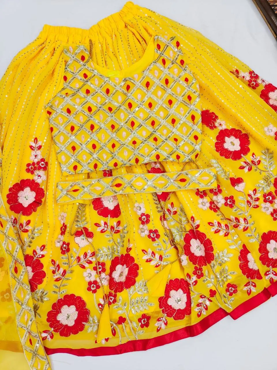 Kids Embroidery Sequence Lehenga Blouse set with Dupatta