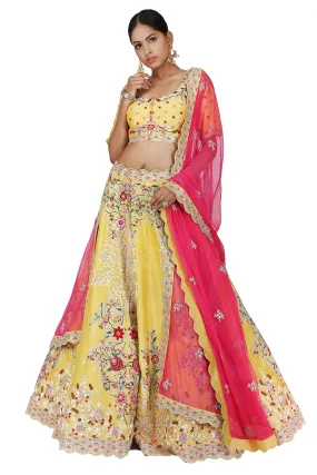 Lemon Yellow with Multi-colour Embroidered Lehenga Set.