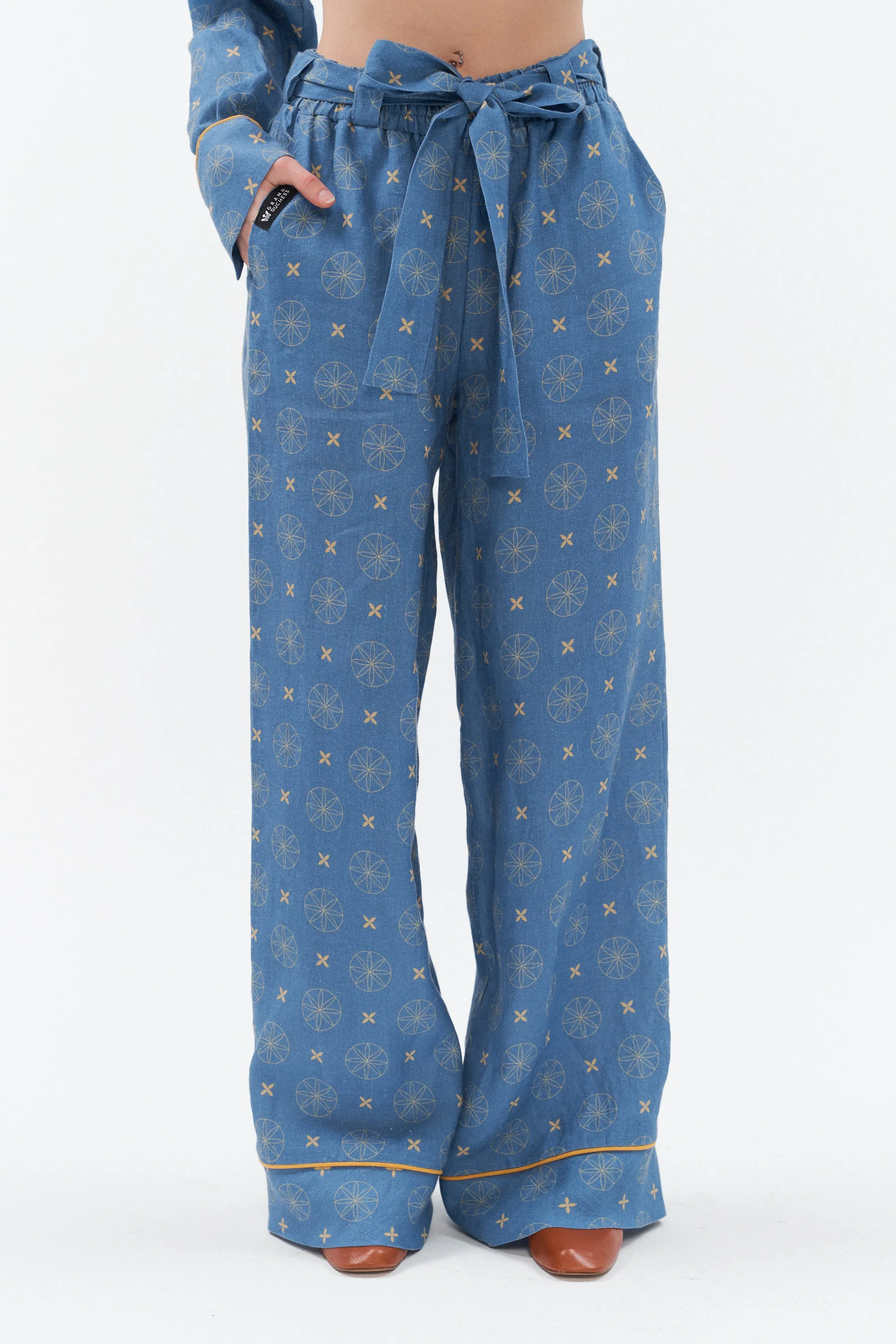 Linen pants with golden stripe "Impresionante" (Blue)