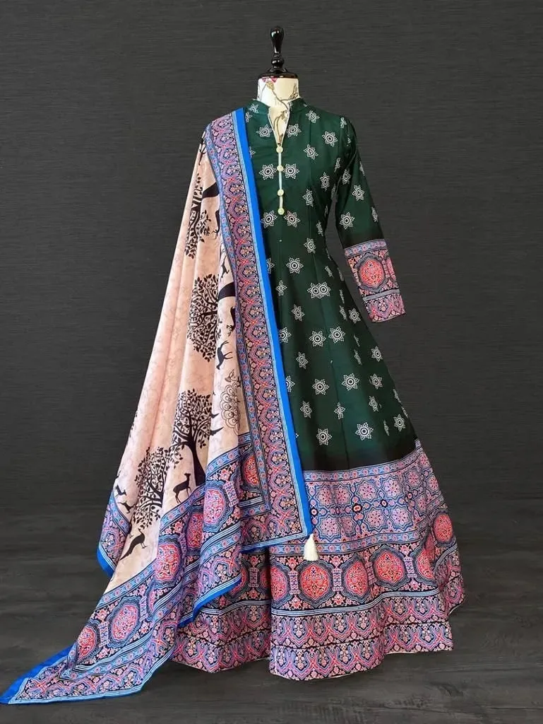 Lovely Green Color Digital Printed Vaishali Silk Gown With Muslin Silk Dupatta