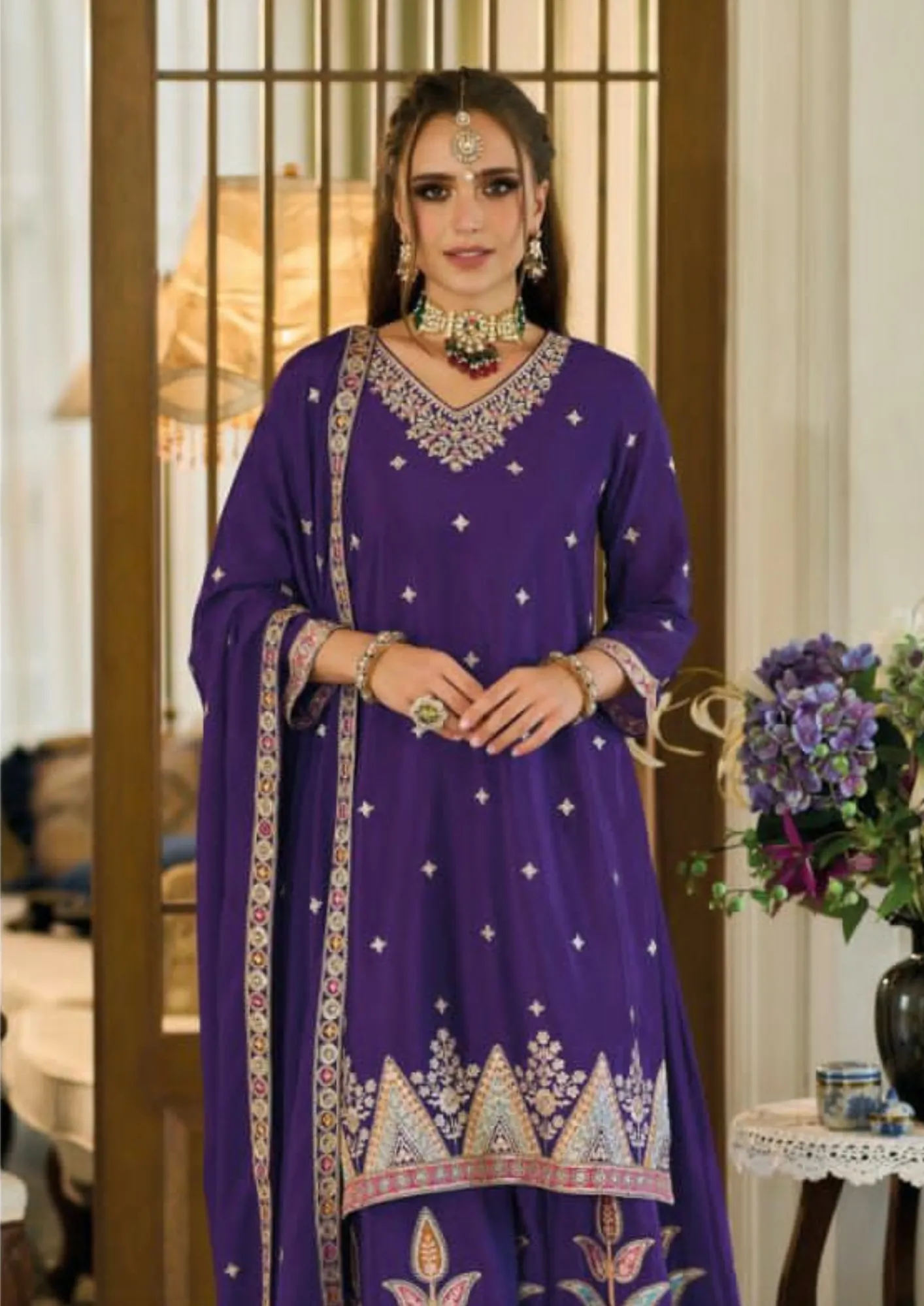 Lovely Violet Color Chinon With Embroidery Work Designer Palazzo Suits With Dupatta