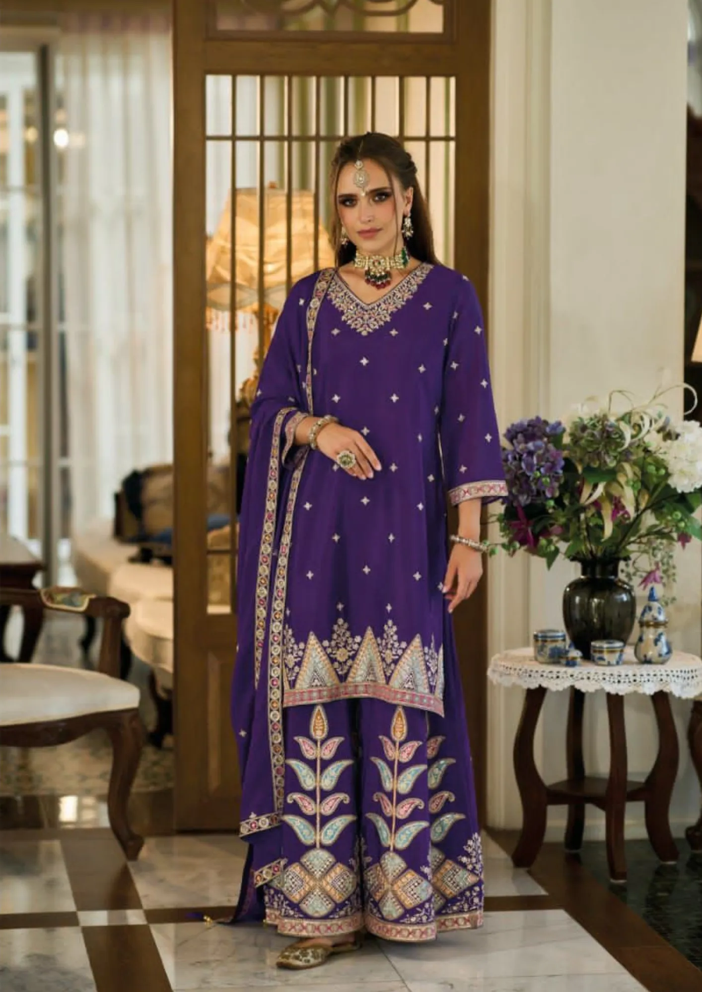 Lovely Violet Color Chinon With Embroidery Work Designer Palazzo Suits With Dupatta