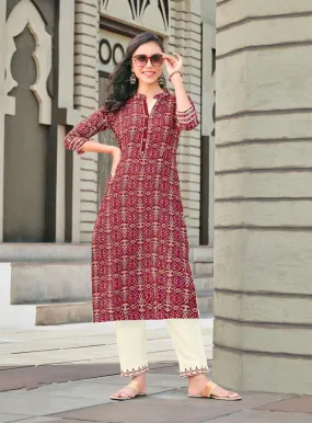 Mandarin Neck Red Printed Slub Rayon Kurti With White Pencil Pants