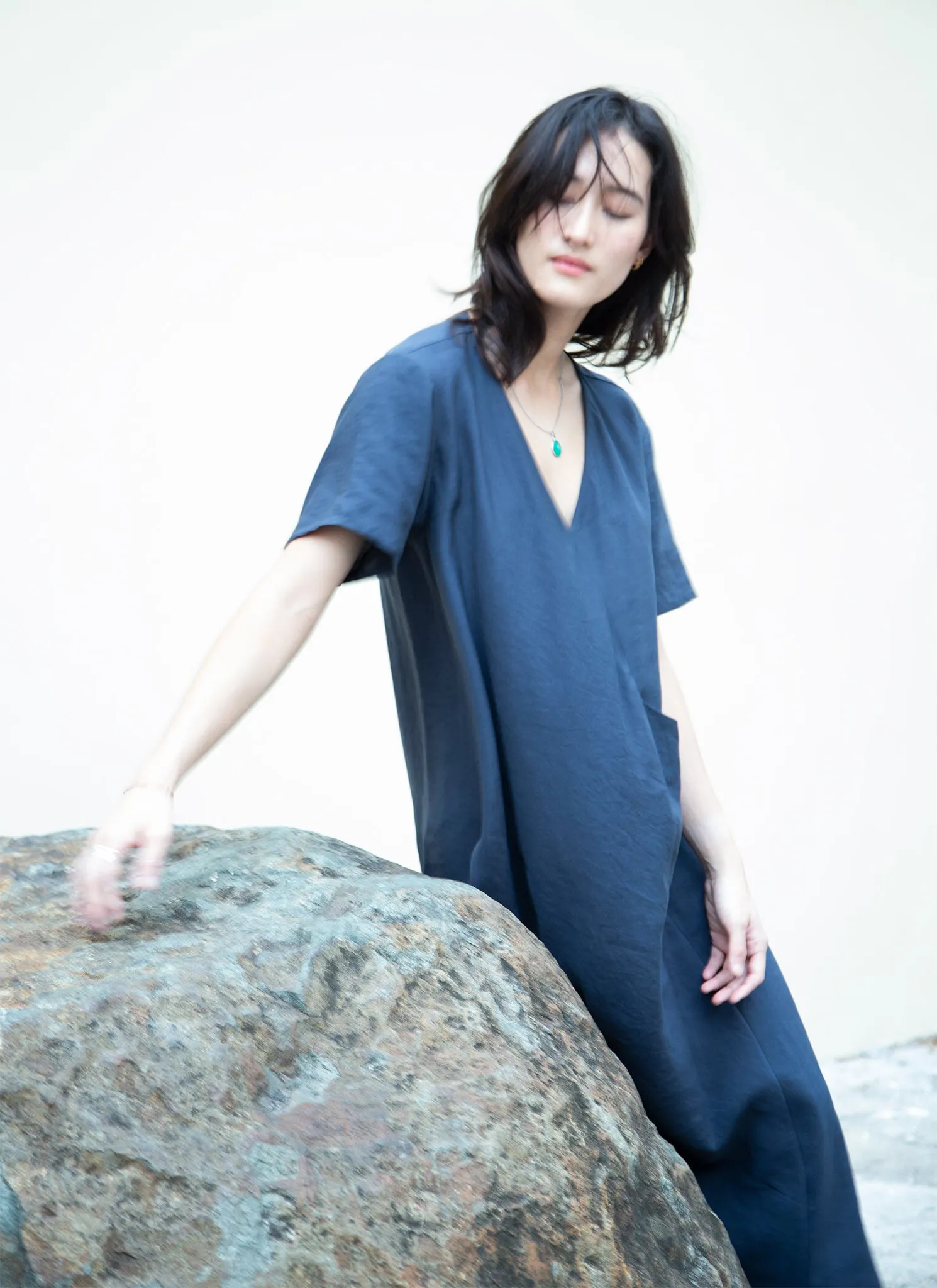 Mango Short Sleeve V Pocket Dress in Dark Blue