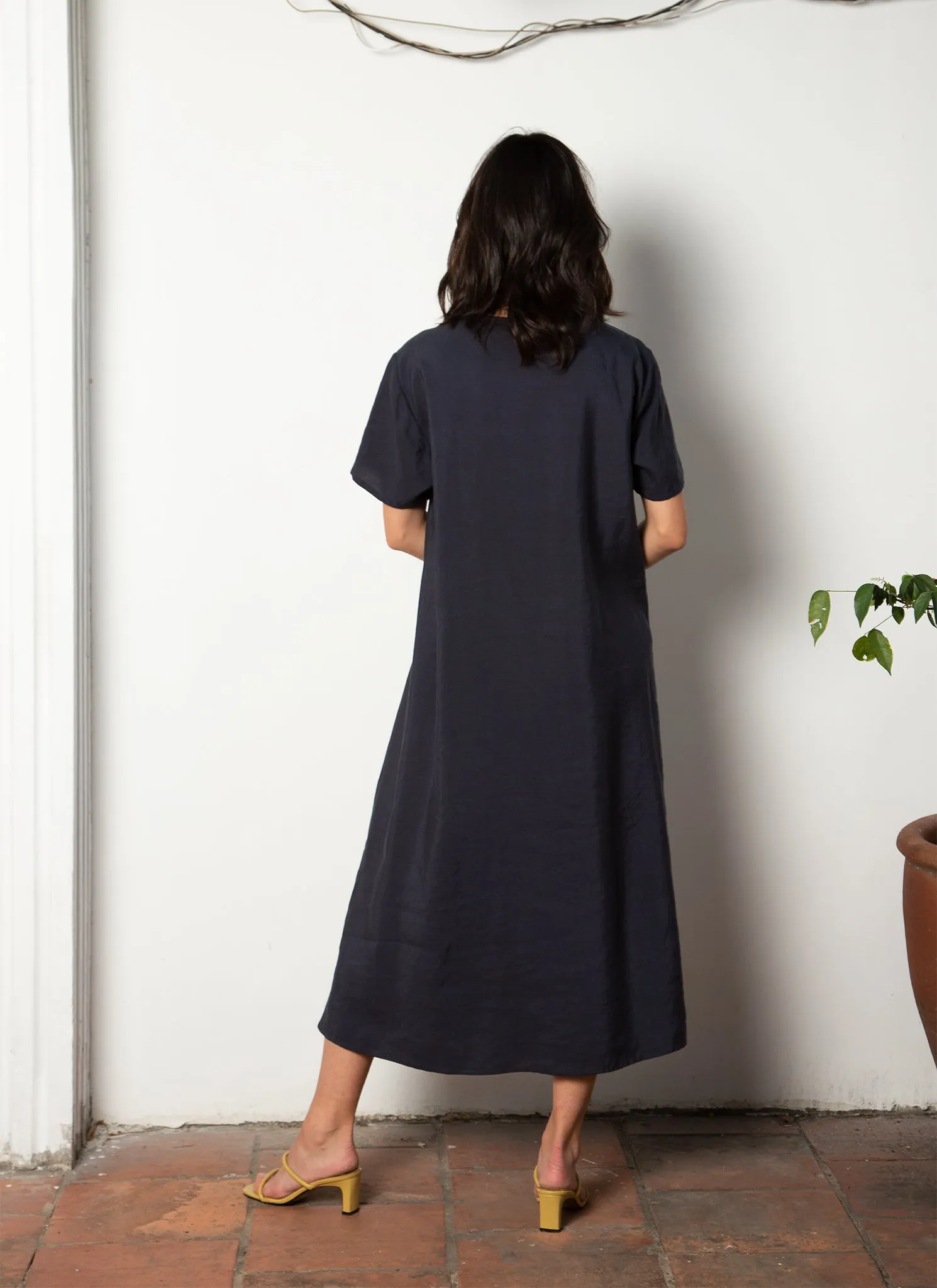 Mango Short Sleeve V Pocket Dress in Dark Blue