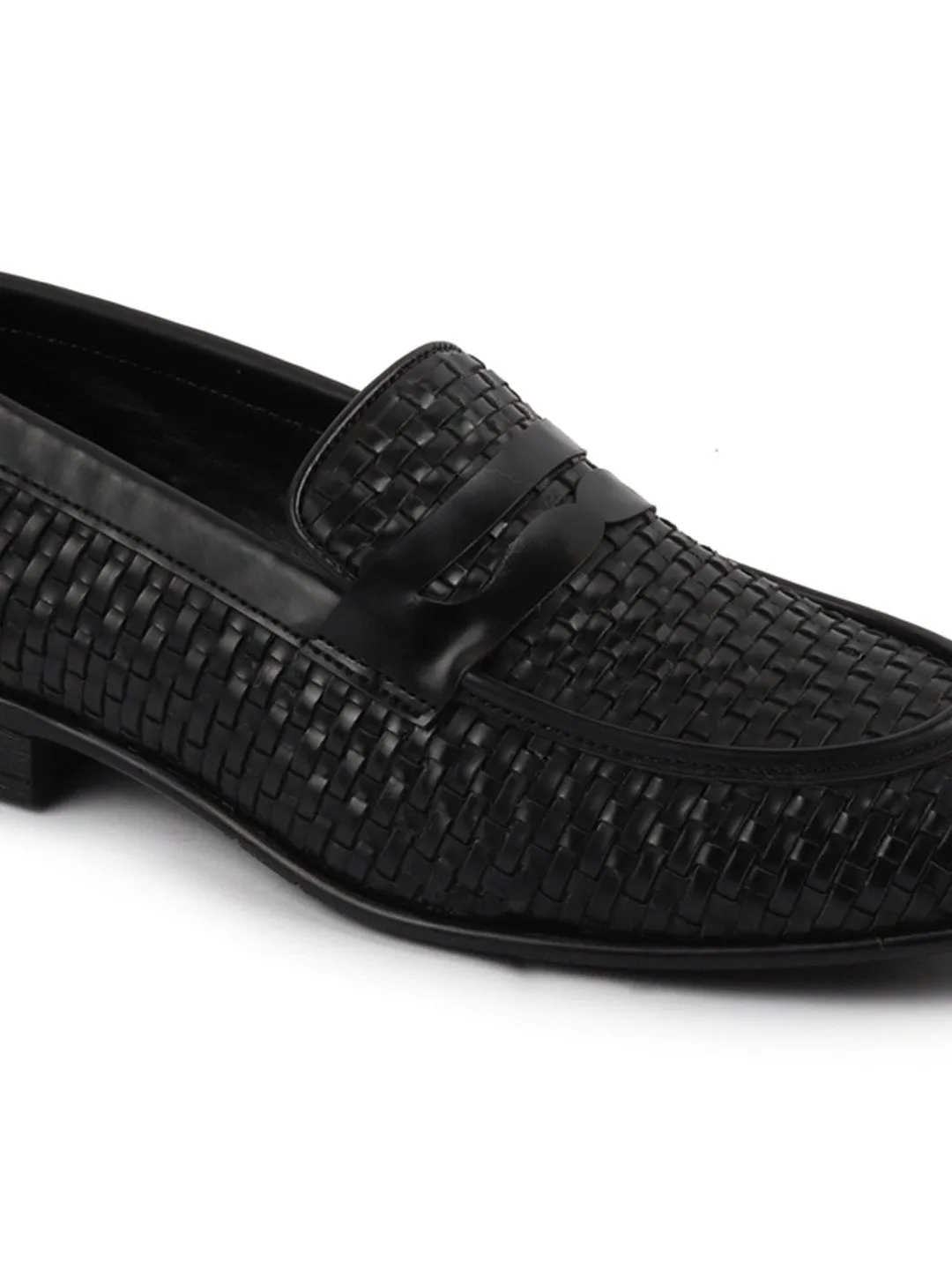 Men Black Hand Knitted Slip On Penny Loafers