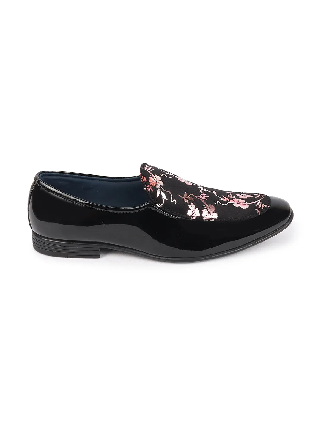 Men Black Party Wedding Velvet Floral Print Slip On Loafer Shoes