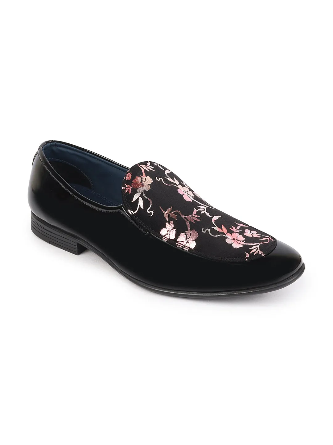 Men Black Party Wedding Velvet Floral Print Slip On Loafer Shoes