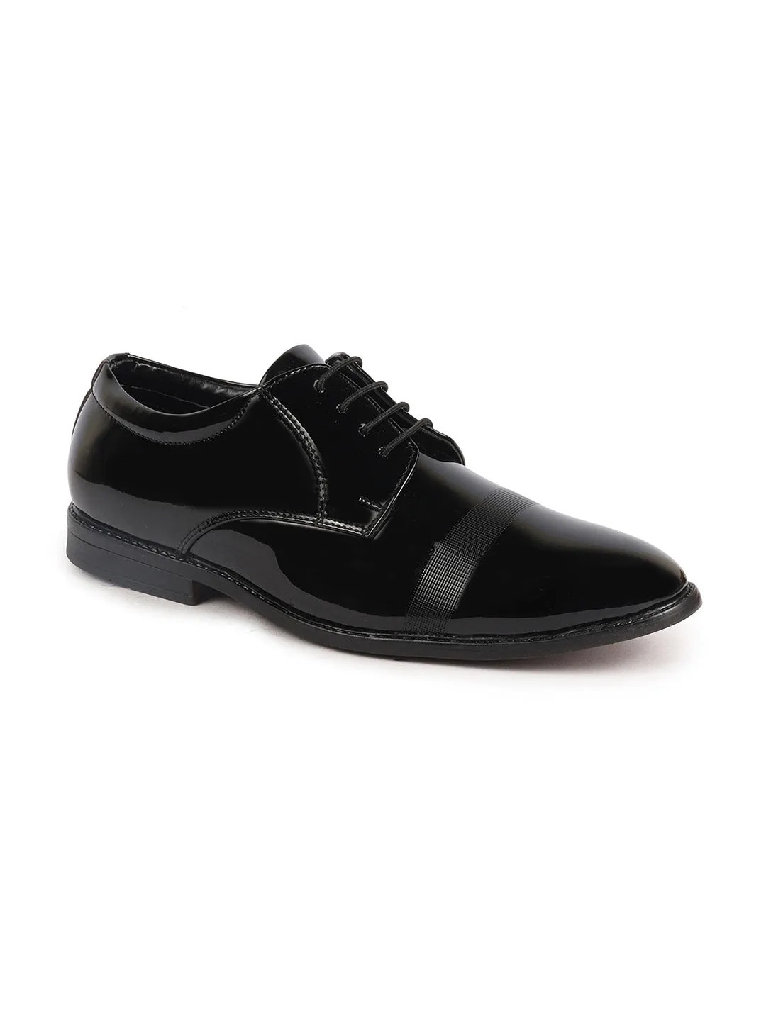 Men Black Patent Leather Party Formal Textured Strip Lace Up Shoes