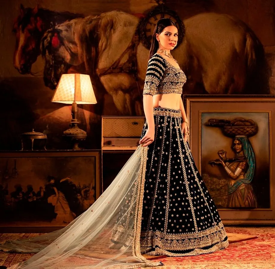 Mid-night Blue Velvet Lehenga with Blue Dupatta set.