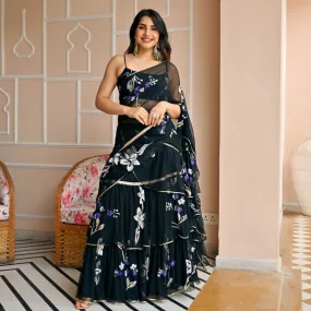 Party wear Floral Women's Lehenga Saree Black