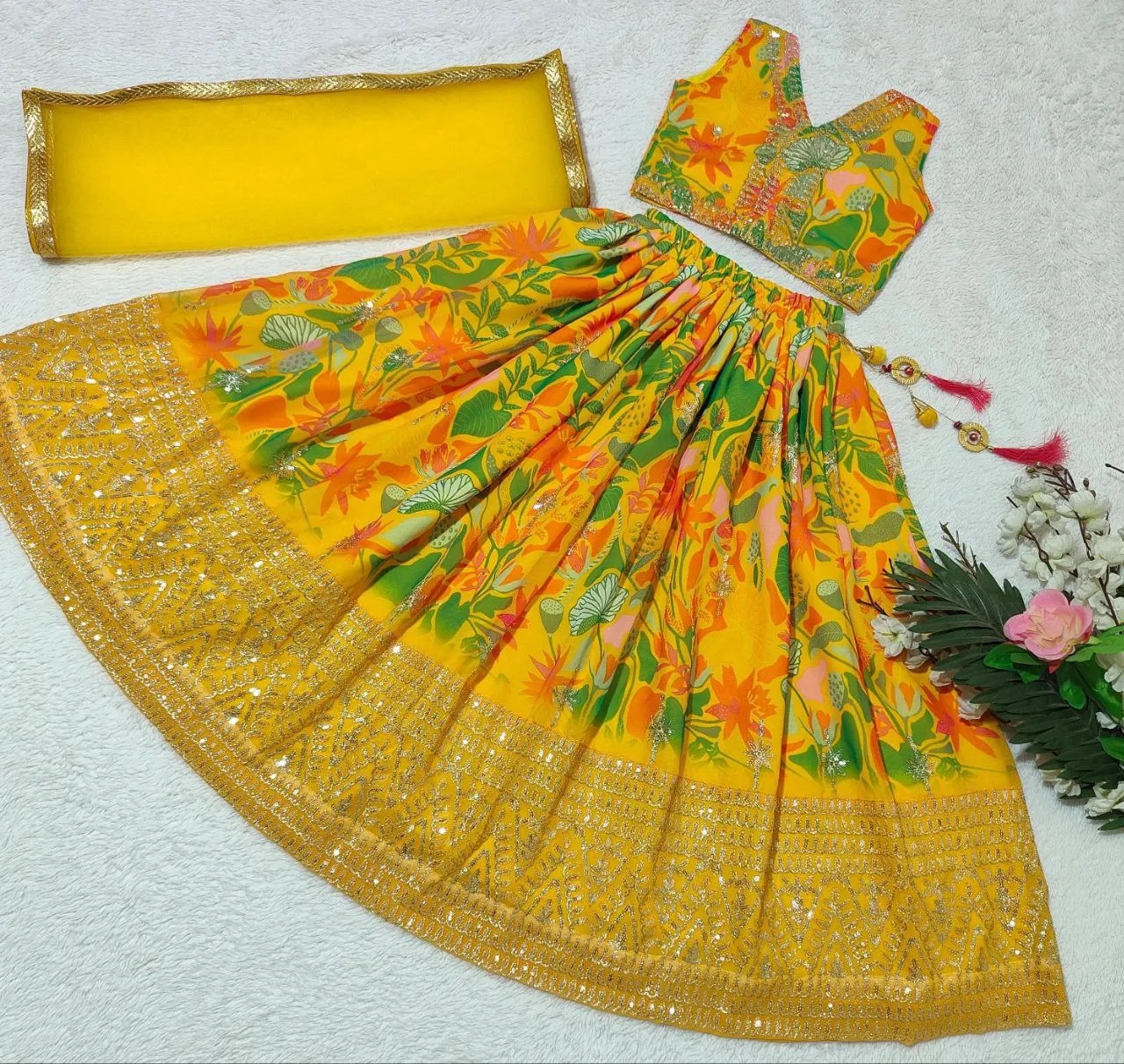 Party wear Sequin Embroidery Kids Girl Lehenga Choli Dupatta Yellow