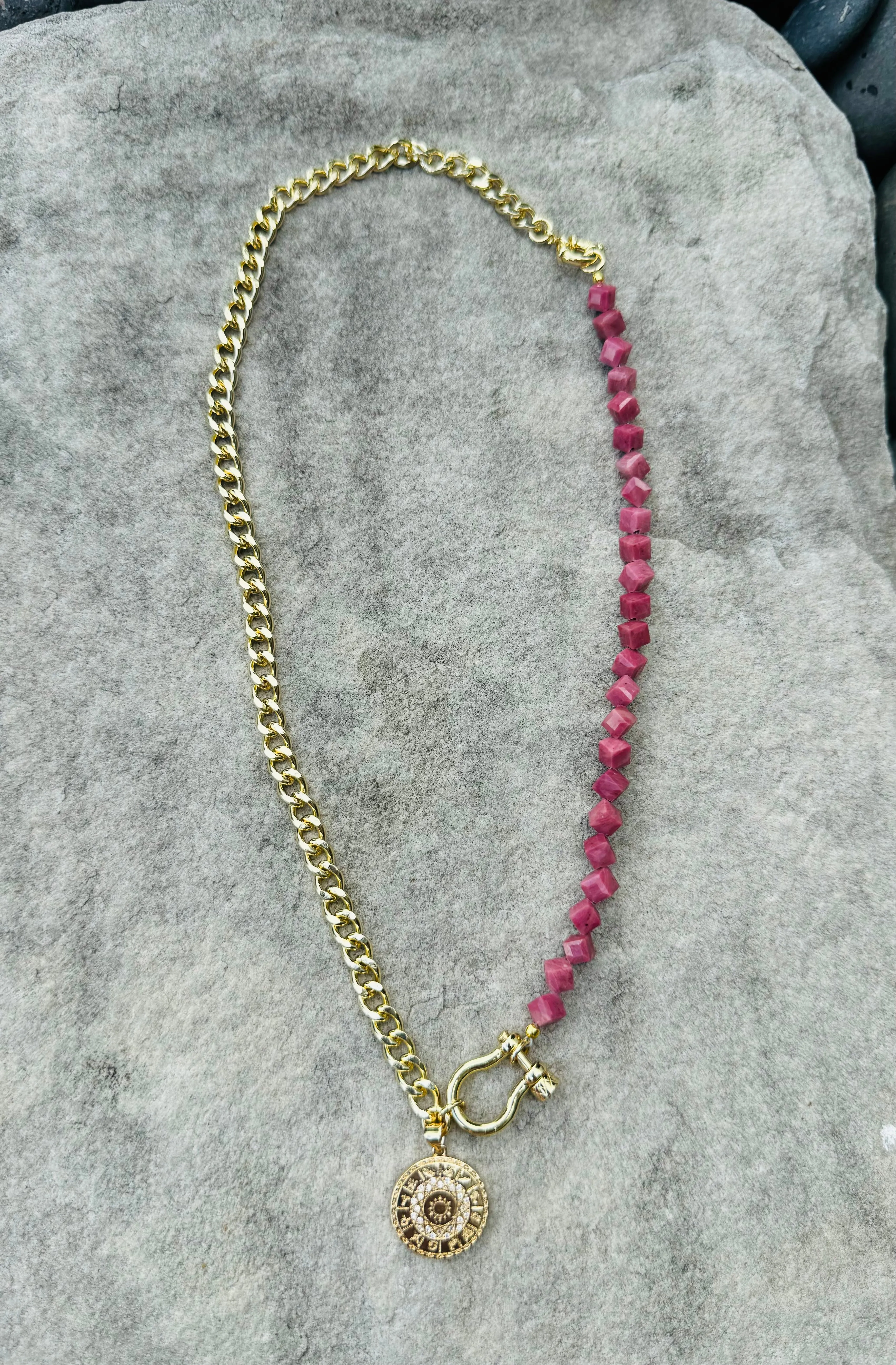 Pink Rhodonite, Shackle Clasp, and Astrology Pendant Necklace