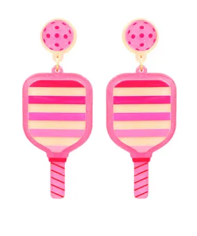 Pink Stripe Pickleball Paddle Drop Earrings