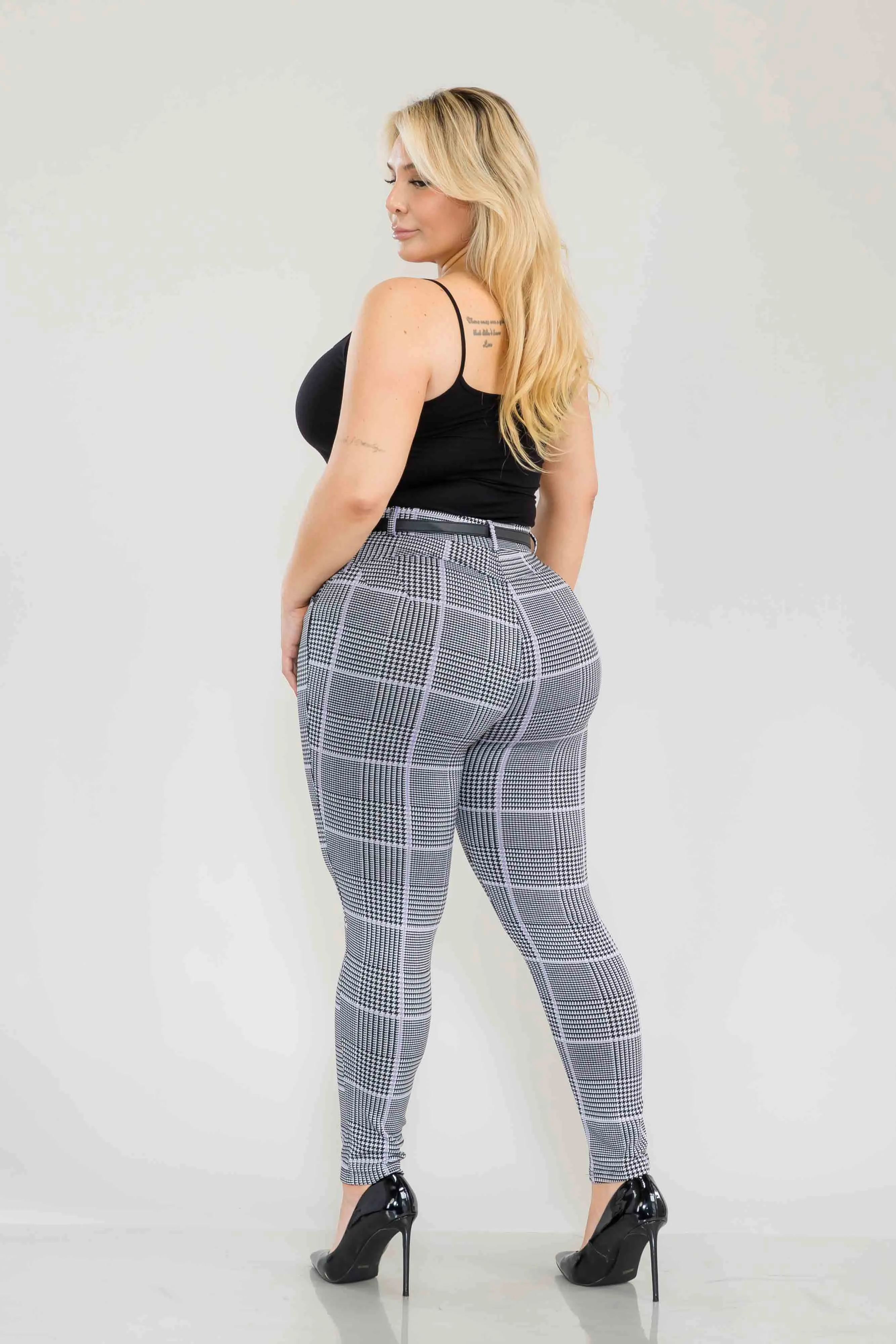 Plus Size Sculpting Treggings With Faux Leather Belt - Black, White, Mauve Plaid