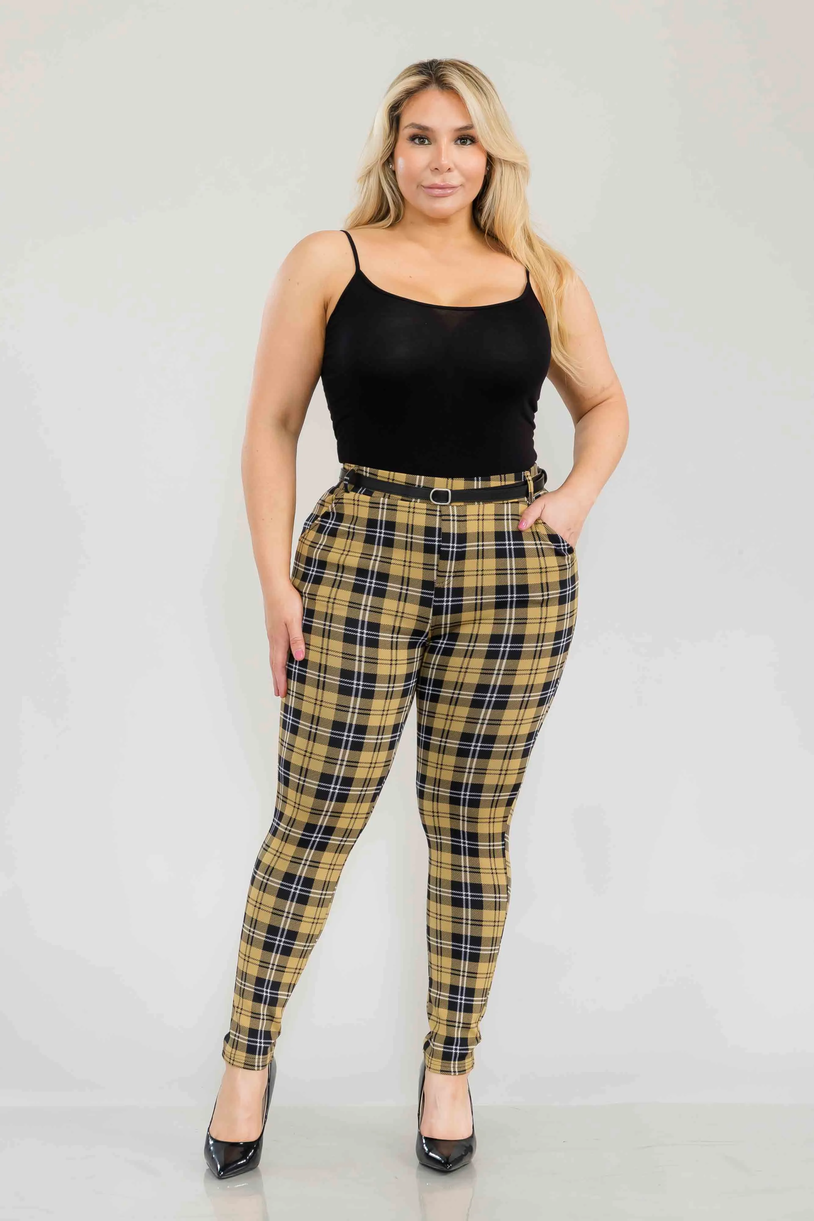 Plus Size Sculpting Treggings With Faux Leather Belt - Black, Yellow Plaid