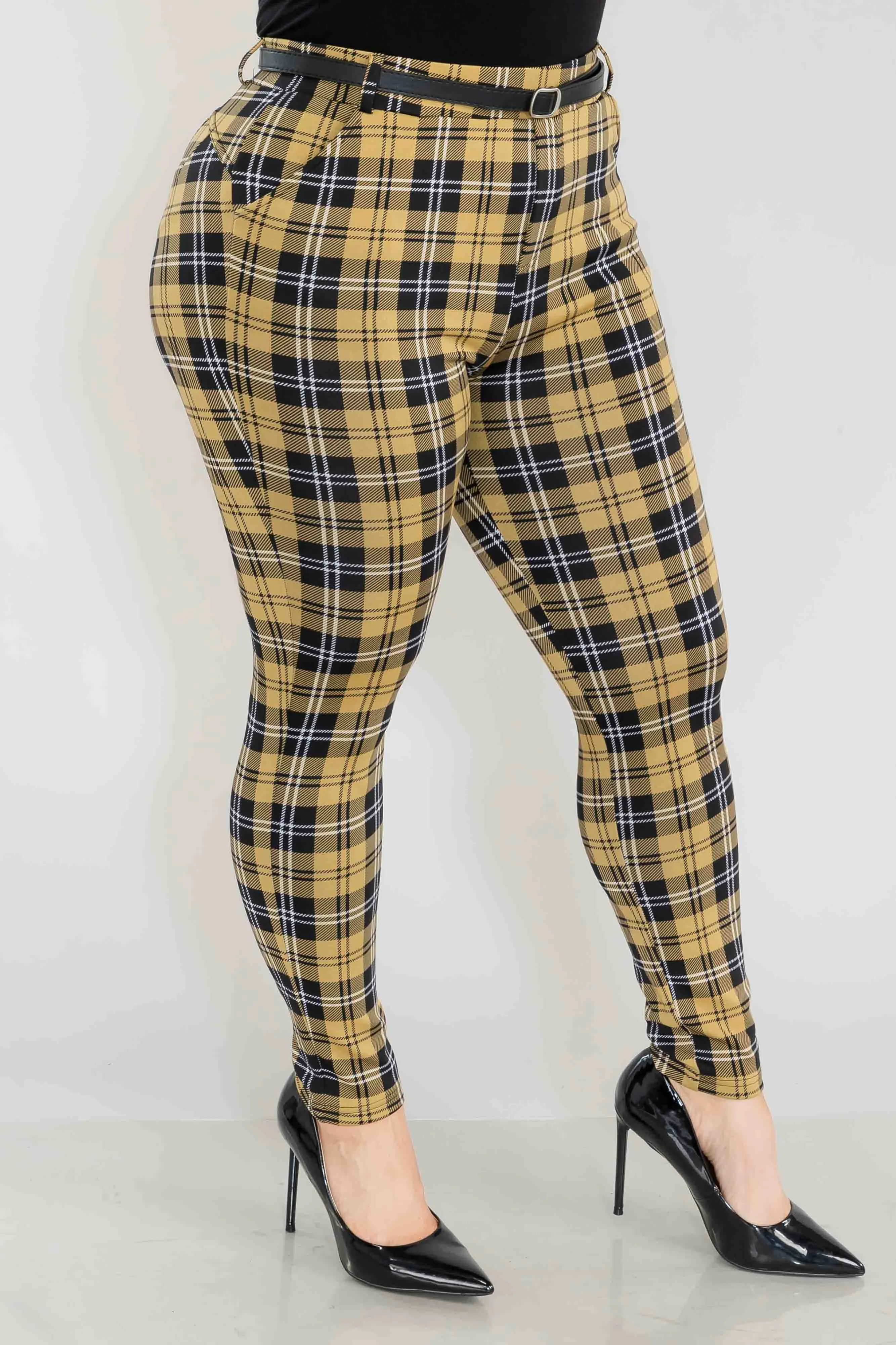 Plus Size Sculpting Treggings With Faux Leather Belt - Black, Yellow Plaid