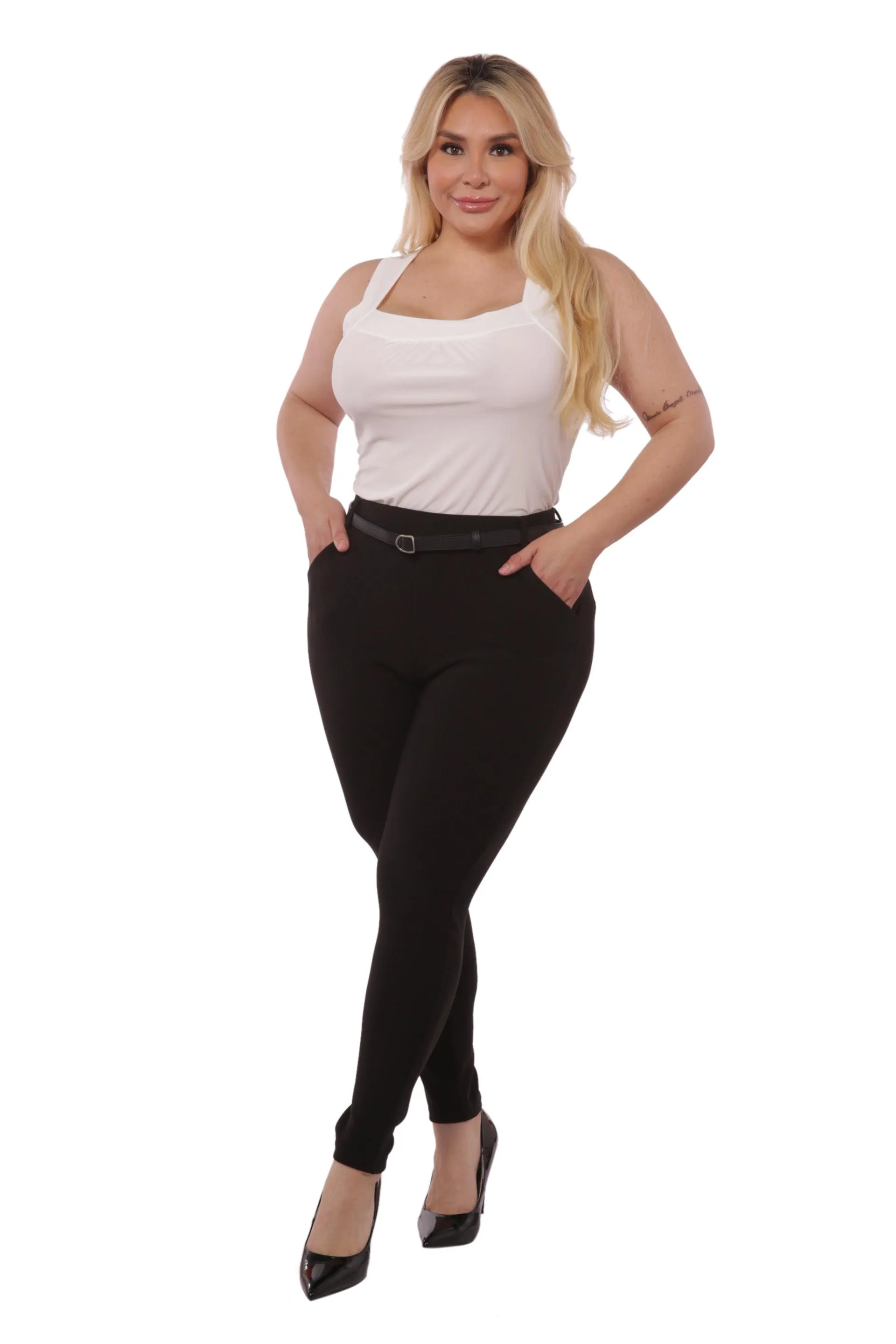 Plus Size Sculpting Treggings With Faux Leather Belt - Black