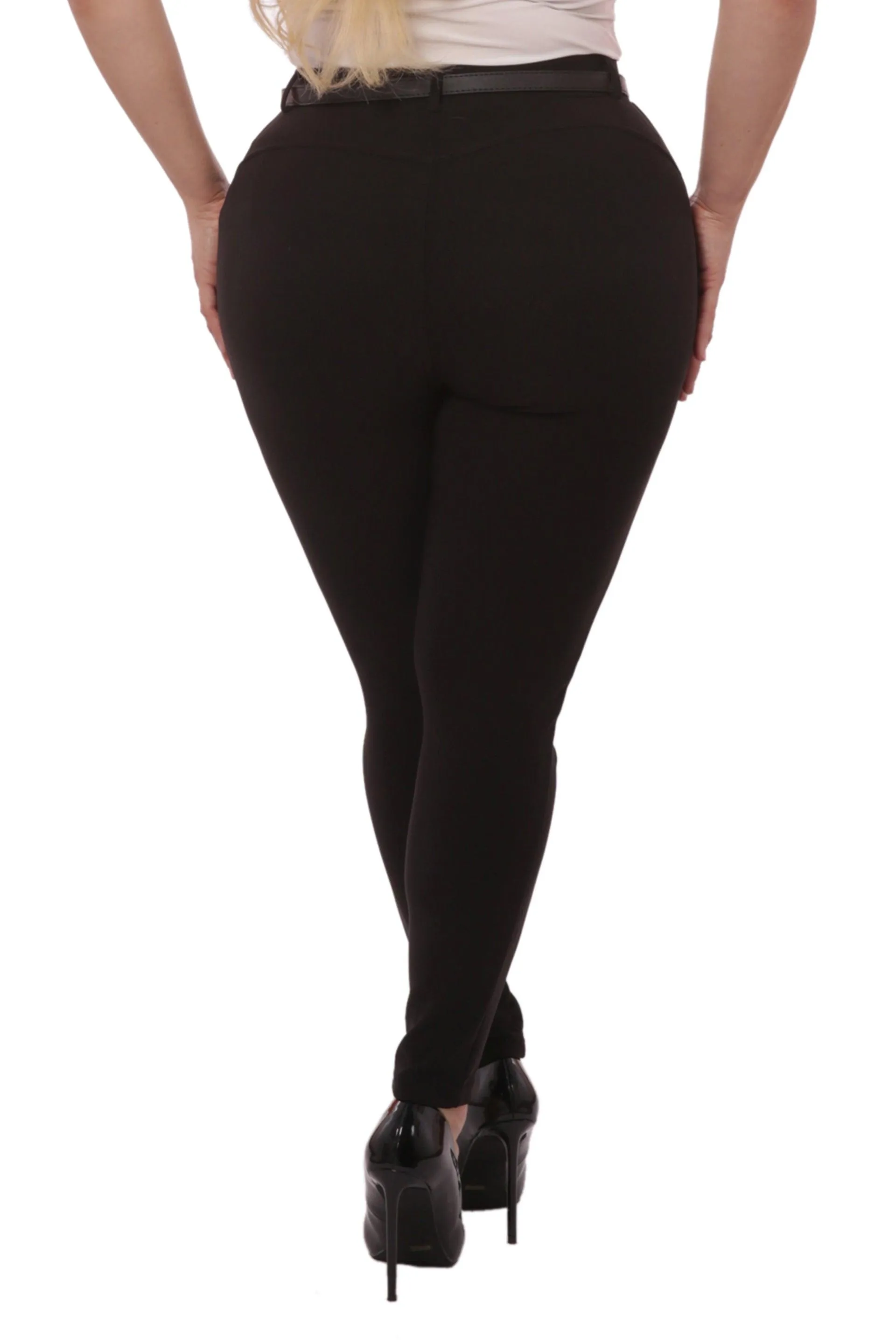 Plus Size Sculpting Treggings With Faux Leather Belt - Black