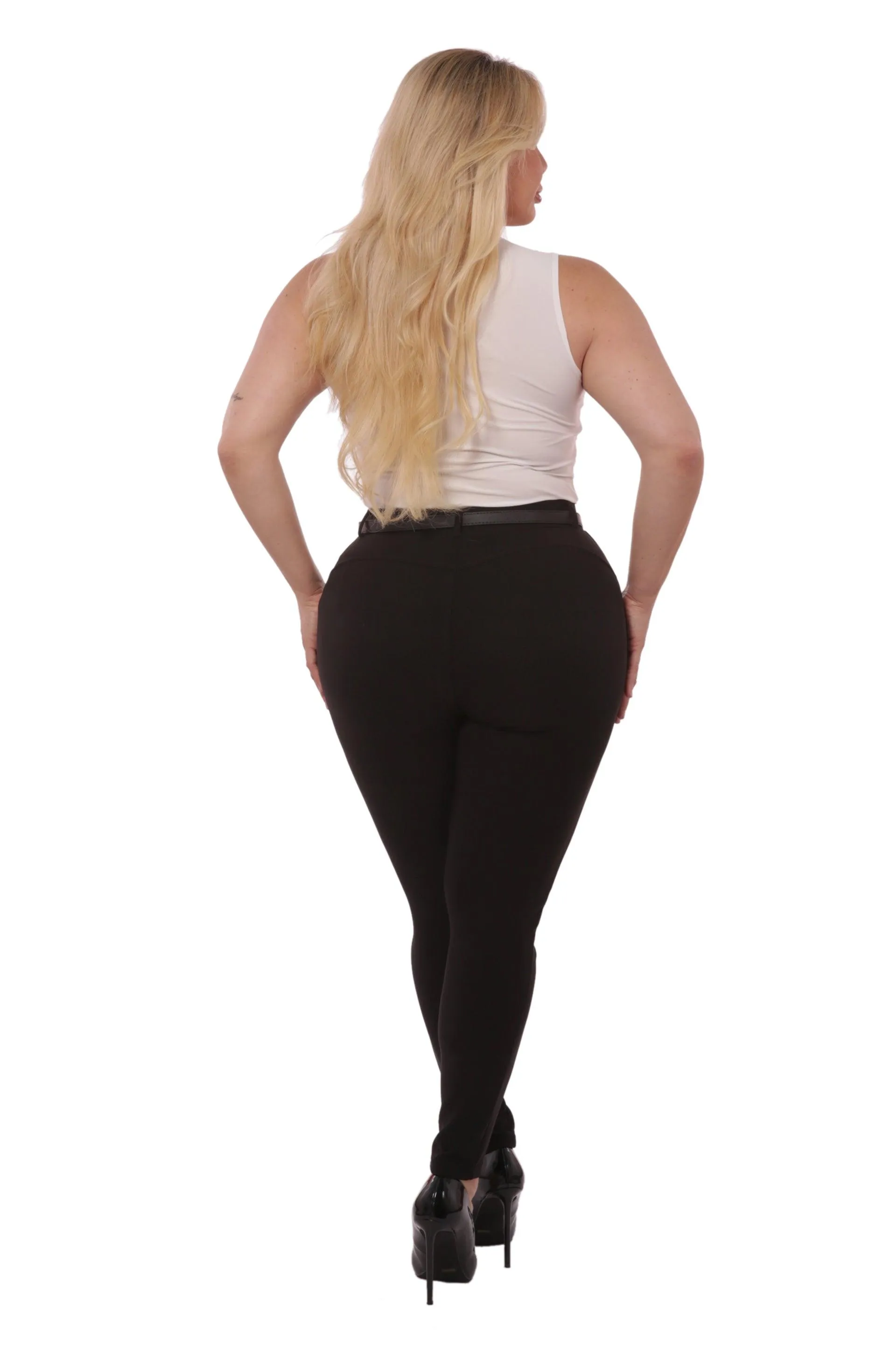 Plus Size Sculpting Treggings With Faux Leather Belt - Black