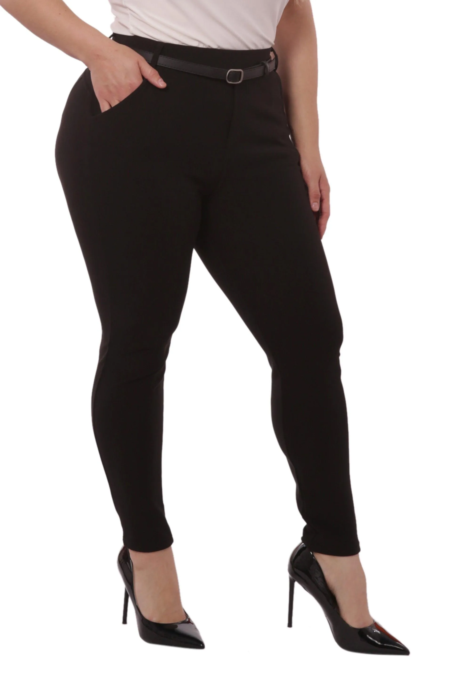 Plus Size Sculpting Treggings With Faux Leather Belt - Black