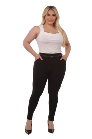 Plus Size Sculpting Treggings With Faux Leather Belt - Black