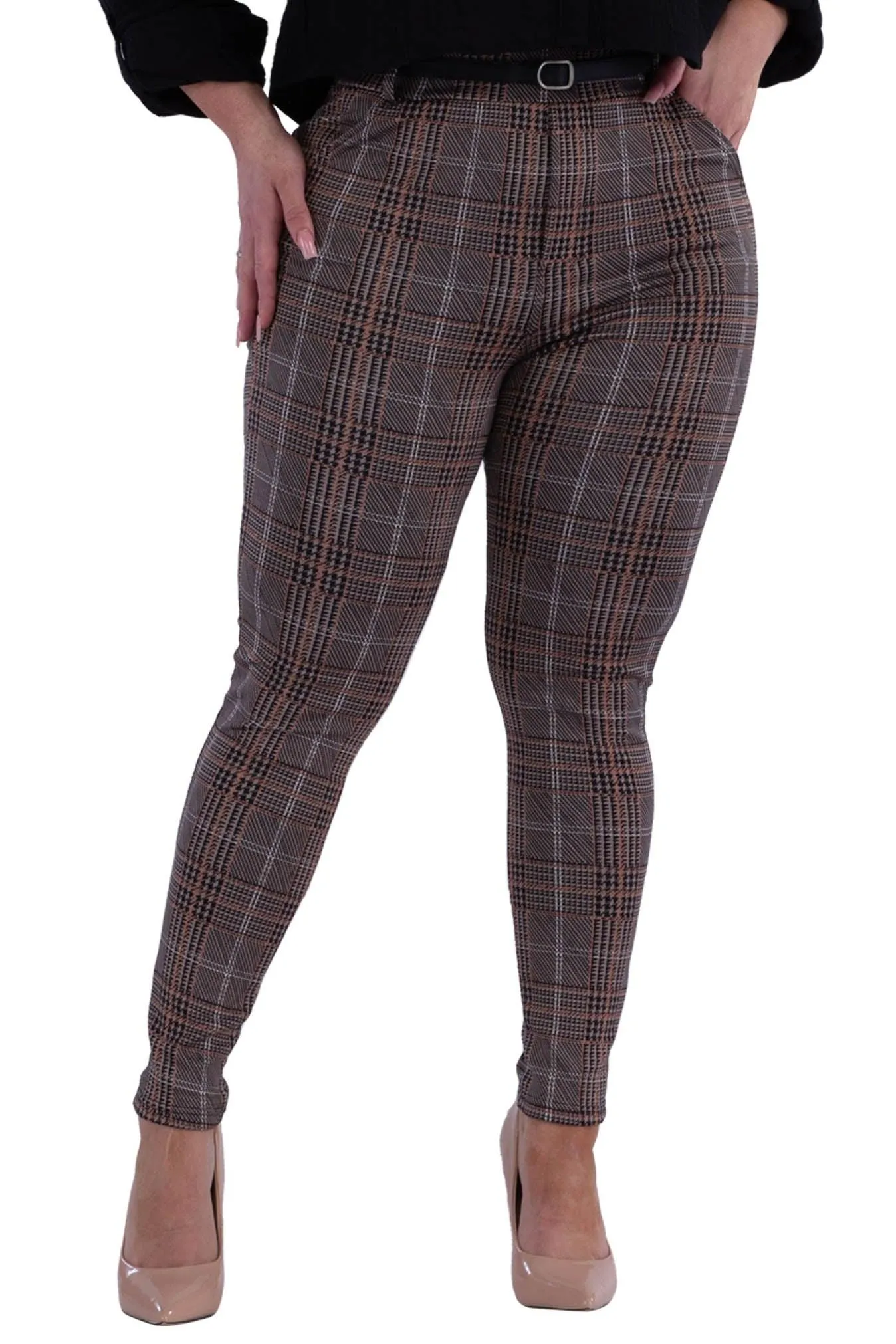 Plus Size Sculpting Treggings With Faux Leather Belt - Khaki & Black Plaid