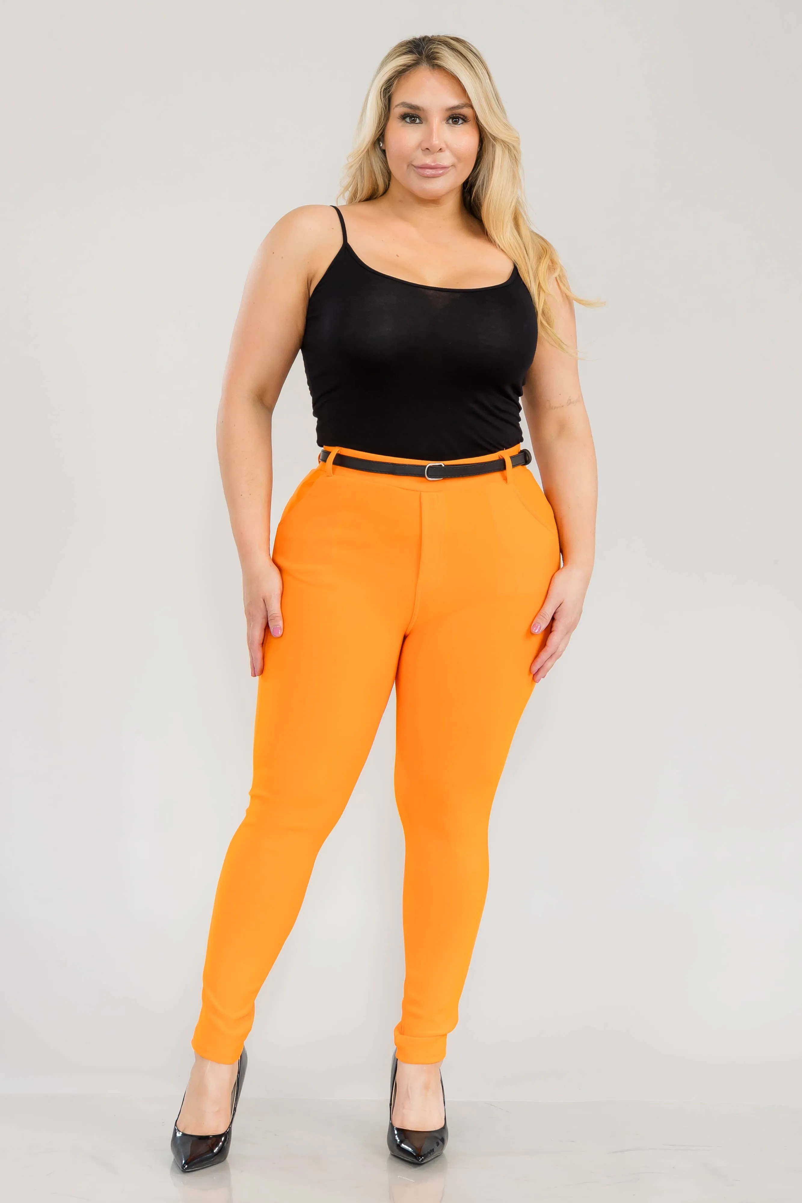 Plus Size Sculpting Treggings With Faux Leather Belt - Orange