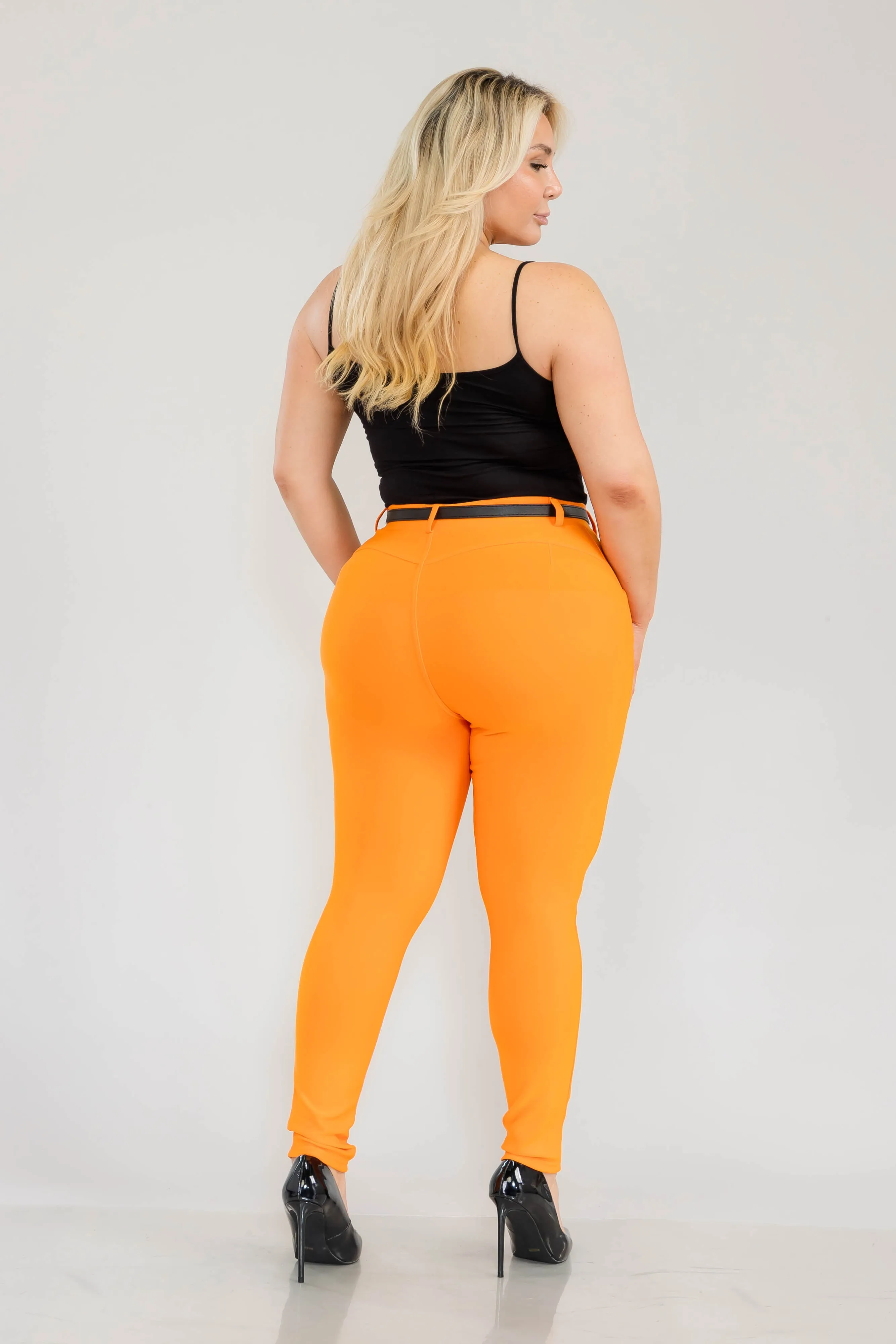 Plus Size Sculpting Treggings With Faux Leather Belt - Orange