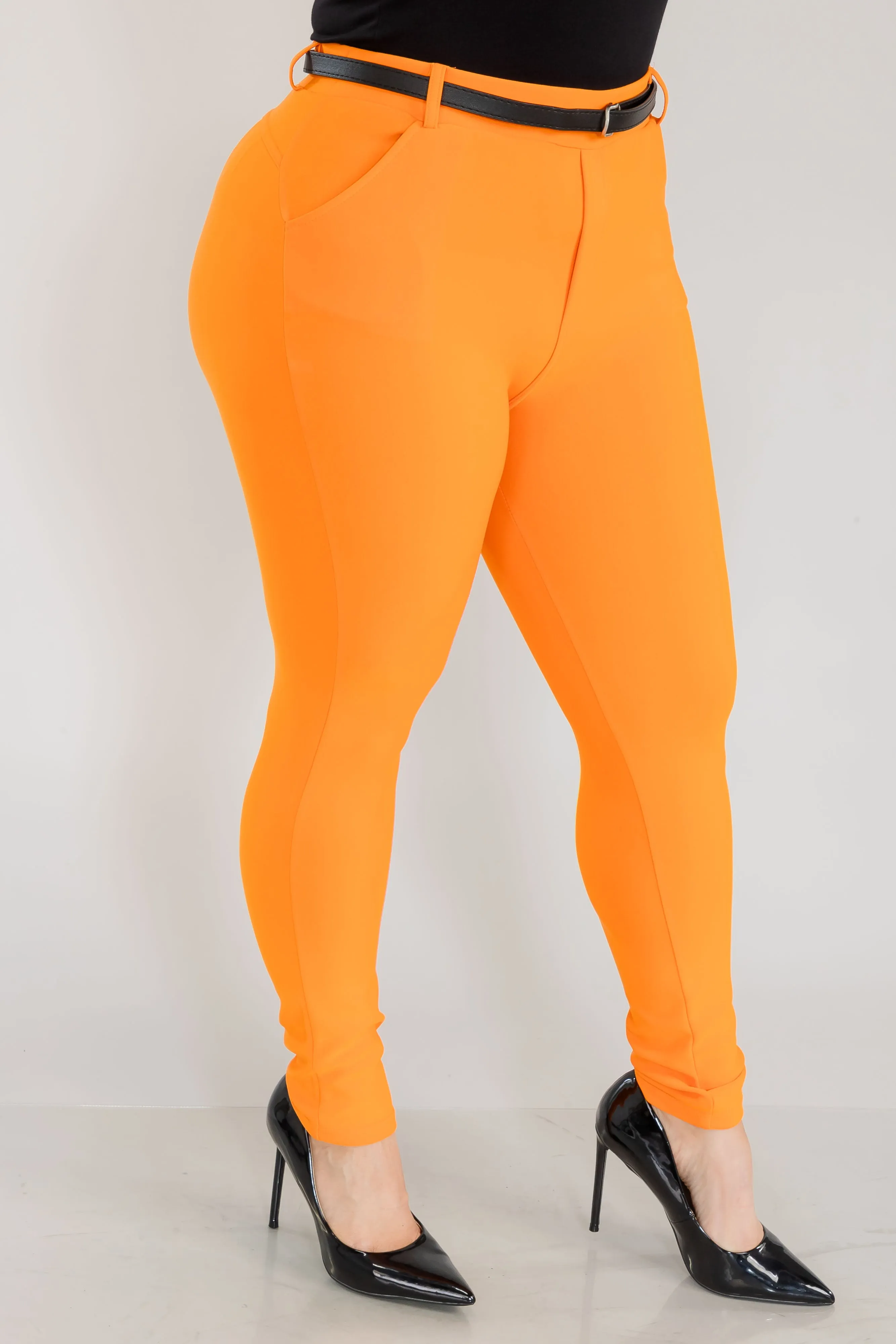 Plus Size Sculpting Treggings With Faux Leather Belt - Orange