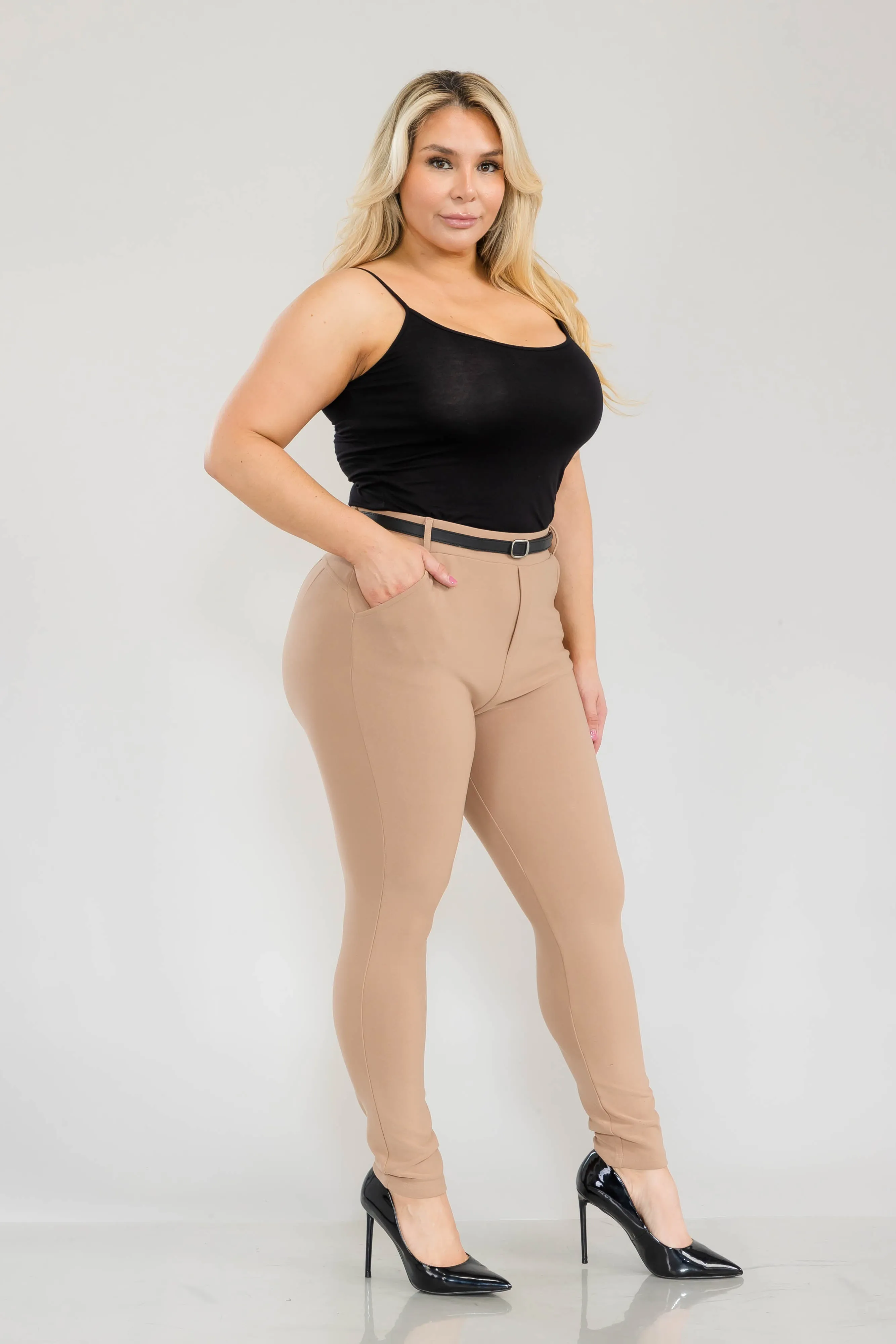 Plus Size Sculpting Treggings With Faux Leather Belt - Portobello