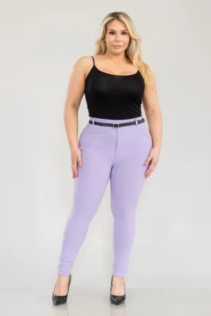 Plus Size Sculpting Treggings With Faux Leather Belt - Purple Rose