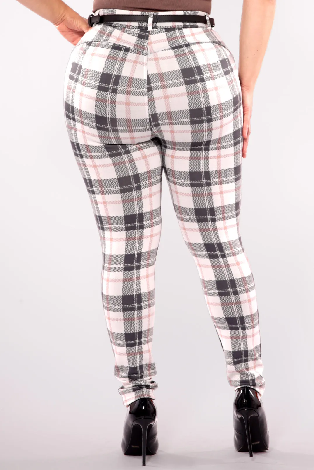 Plus Size Sculpting Treggings With Faux Leather Belt - Sage & White Plaid