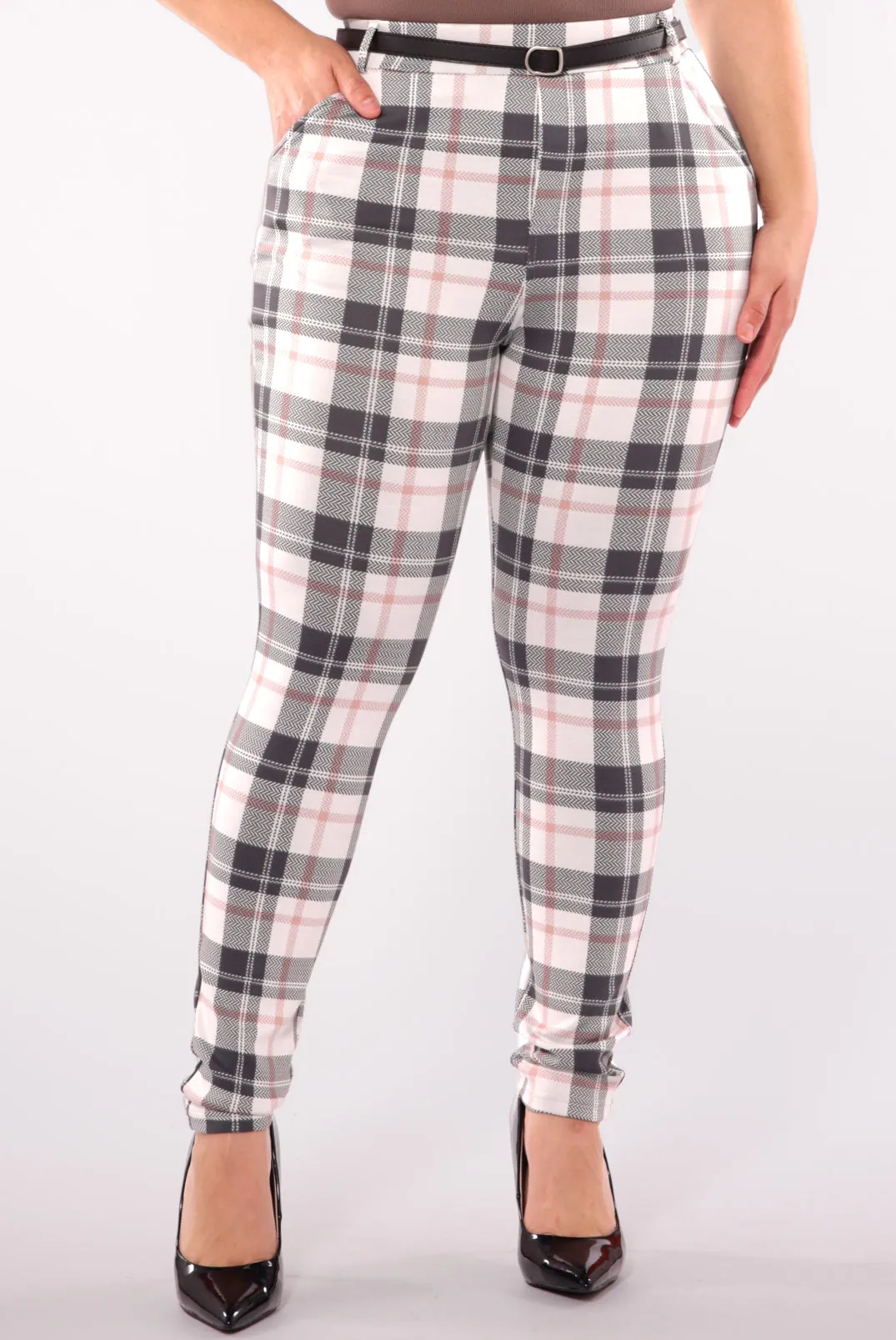 Plus Size Sculpting Treggings With Faux Leather Belt - Sage & White Plaid