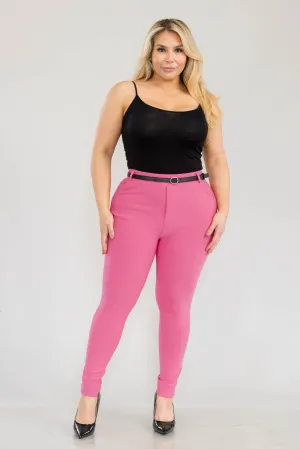 Plus Size Sculpting Treggings With Faux Leather Belt - Sangria Sunset