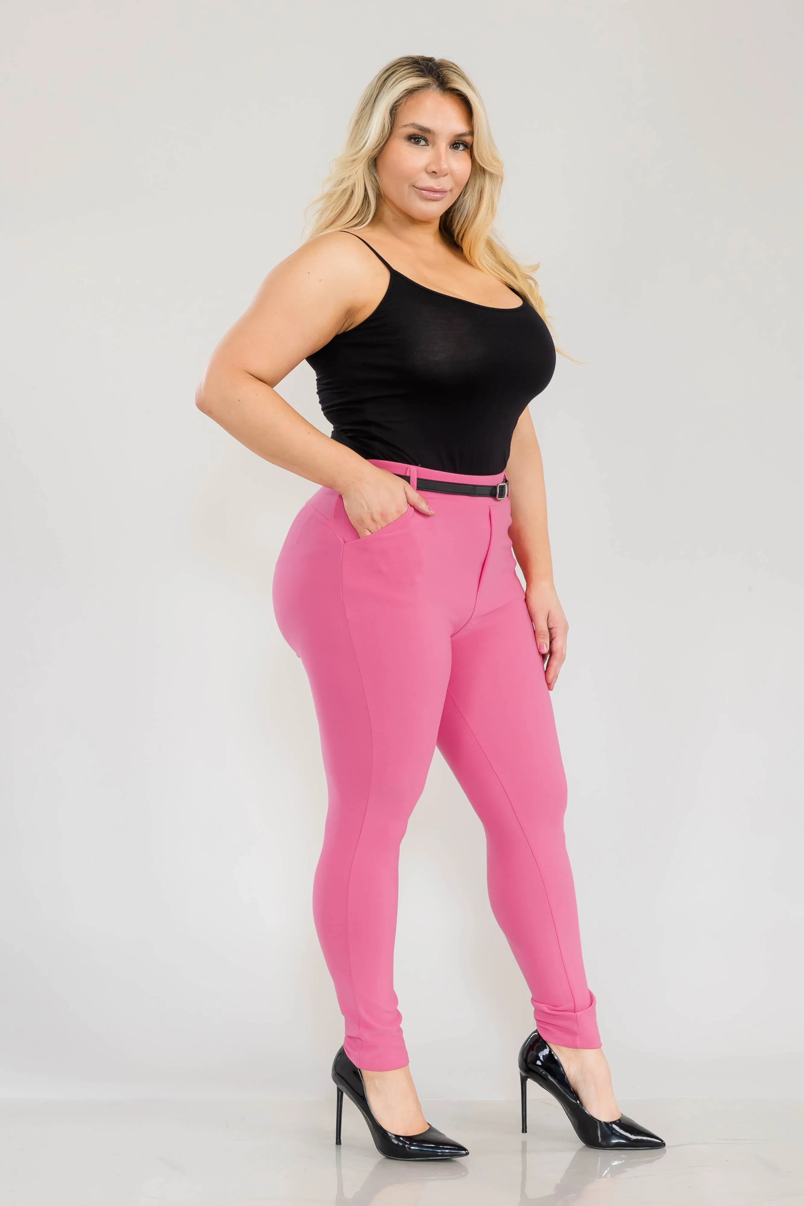 Plus Size Sculpting Treggings With Faux Leather Belt - Sangria Sunset