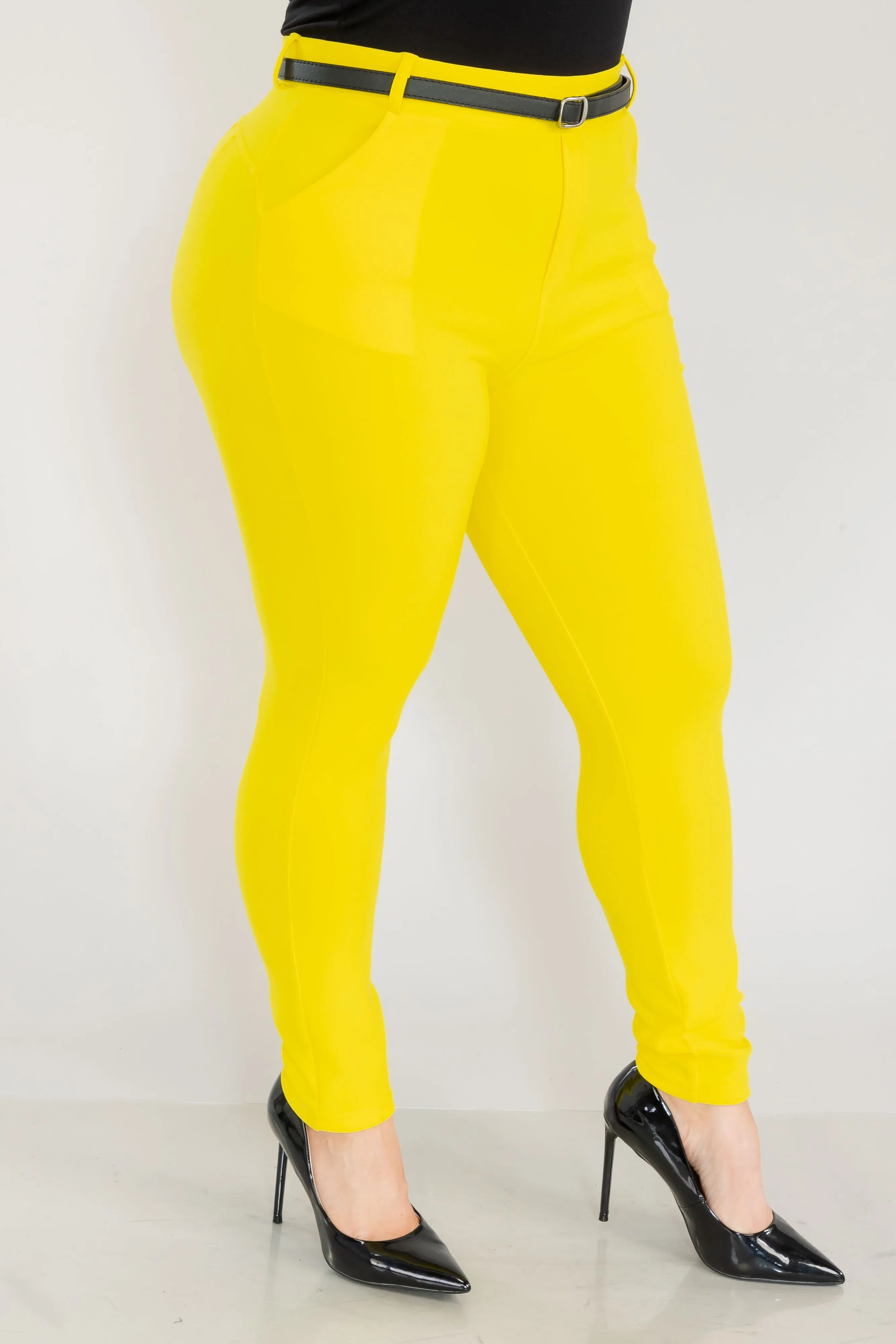 Plus Size Sculpting Treggings With Faux Leather Belt - Yellow