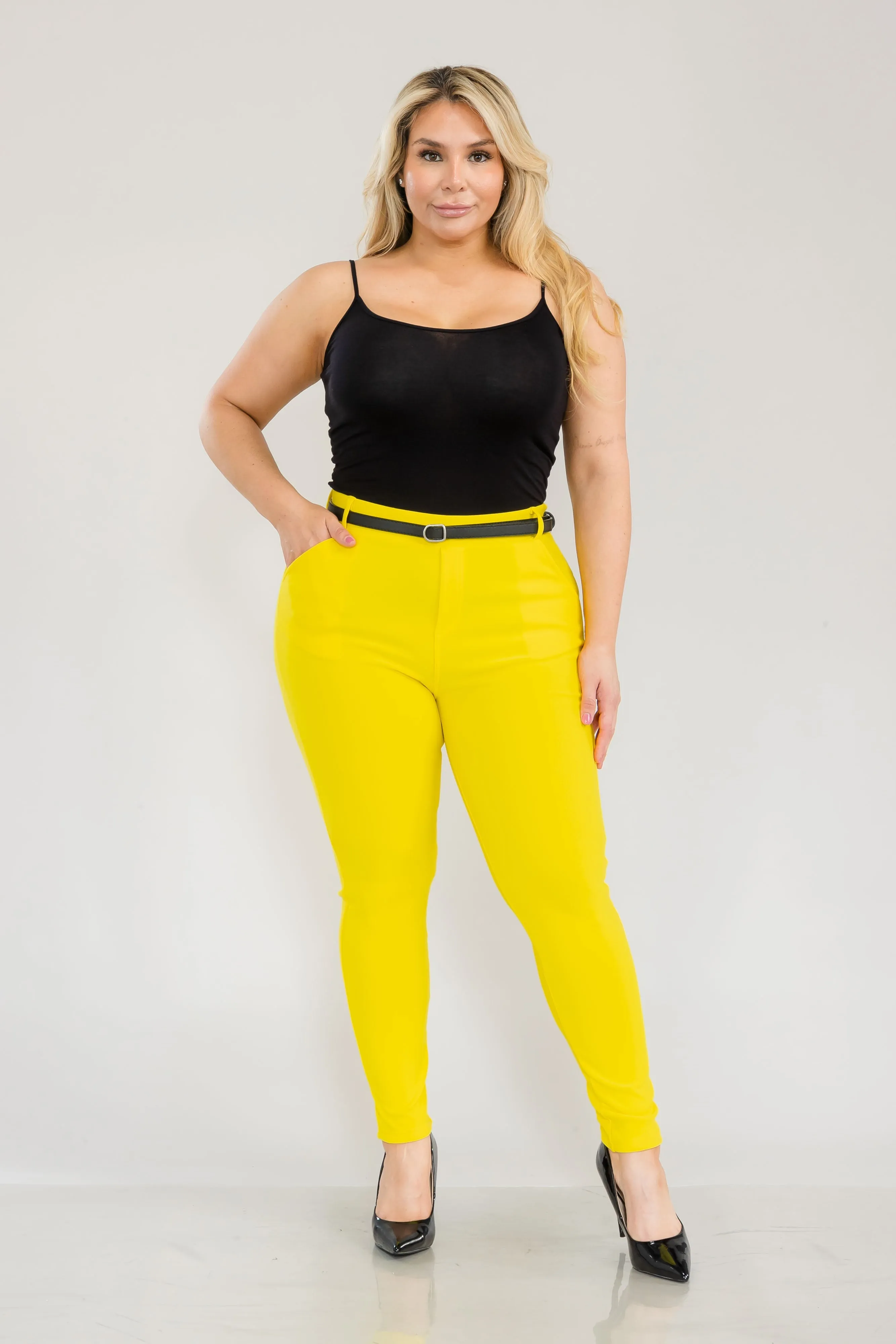 Plus Size Sculpting Treggings With Faux Leather Belt - Yellow