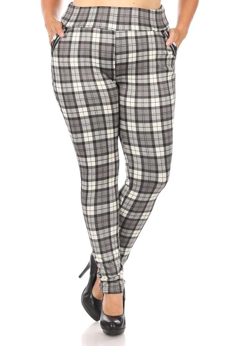 Plus Size Treggings With Zipper Pocket Trim - Gray & White Plaid