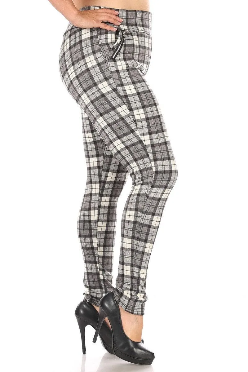 Plus Size Treggings With Zipper Pocket Trim - Gray & White Plaid