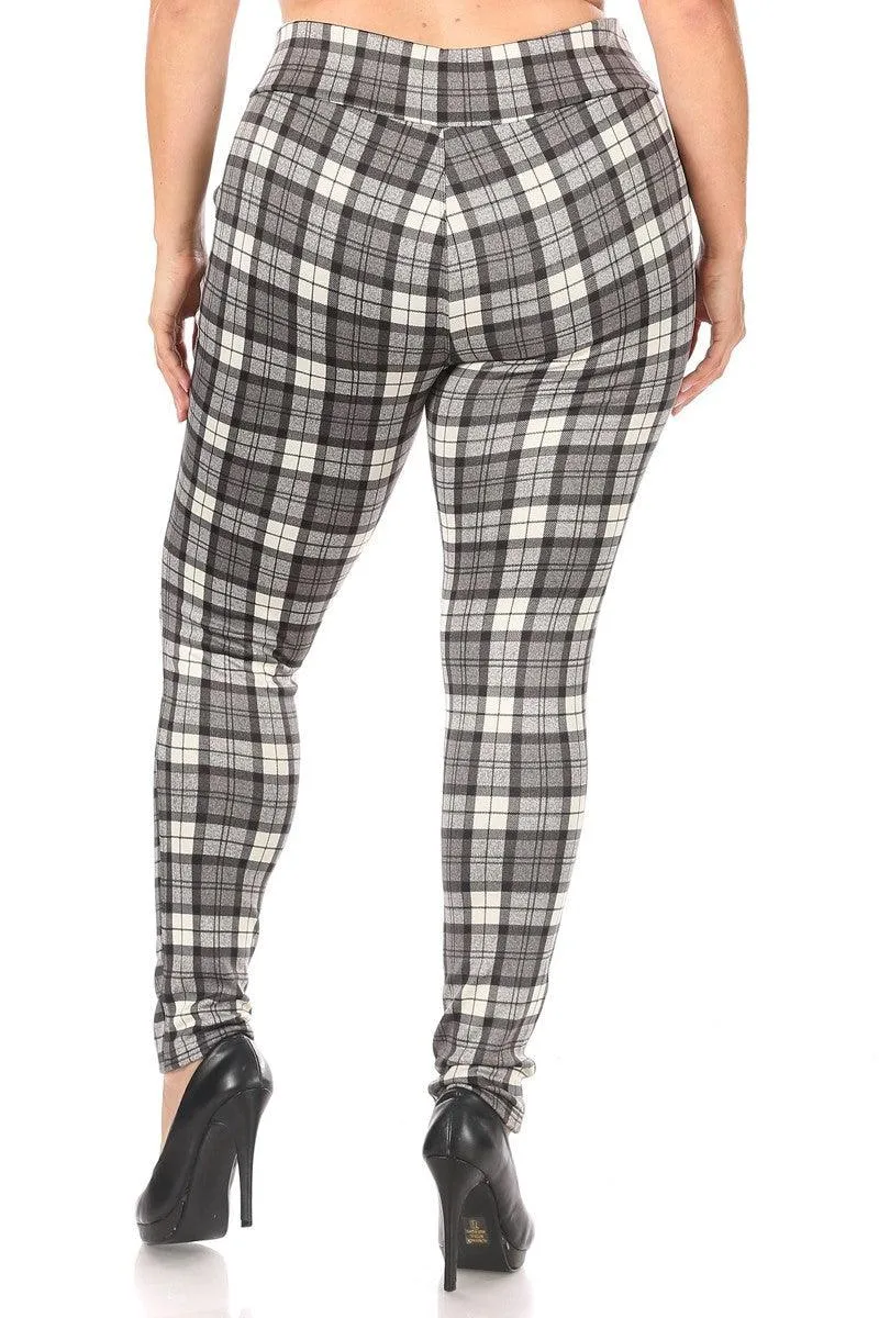 Plus Size Treggings With Zipper Pocket Trim - Gray & White Plaid