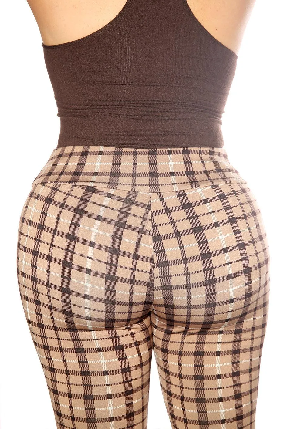 Plus Size Treggings With Zipper Pocket Trim - Tan & Brown Plaid