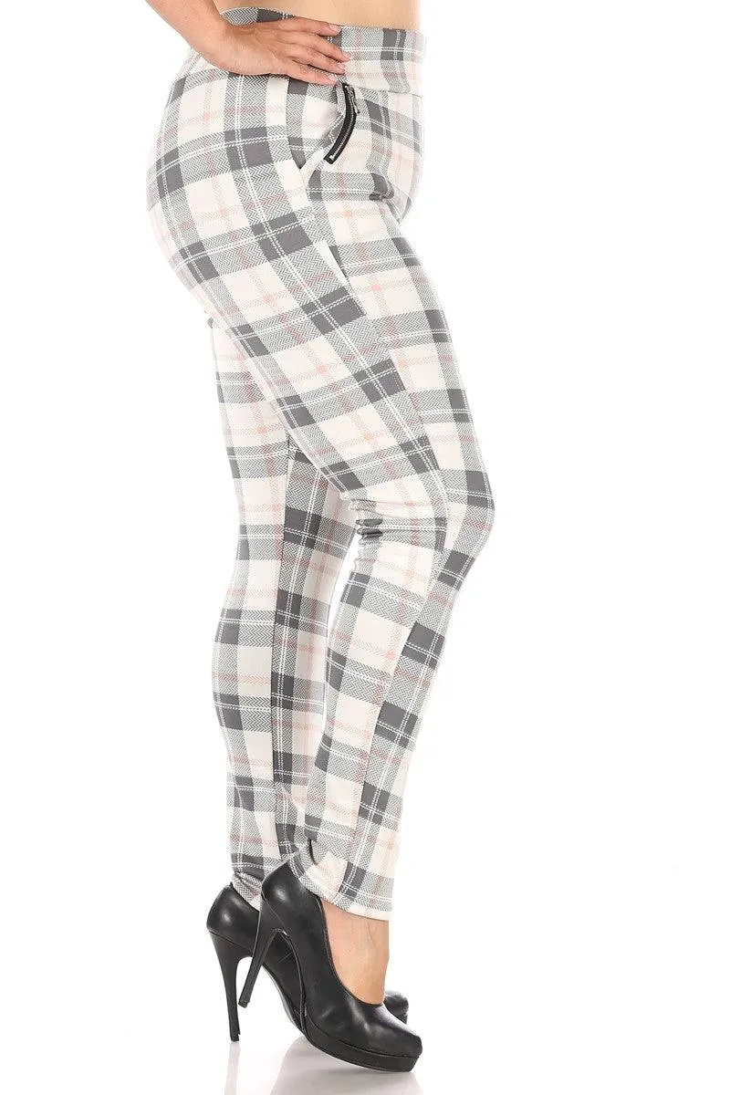 Plus Size Treggings With Zipper Pocket Trim - White & Sage Plaid