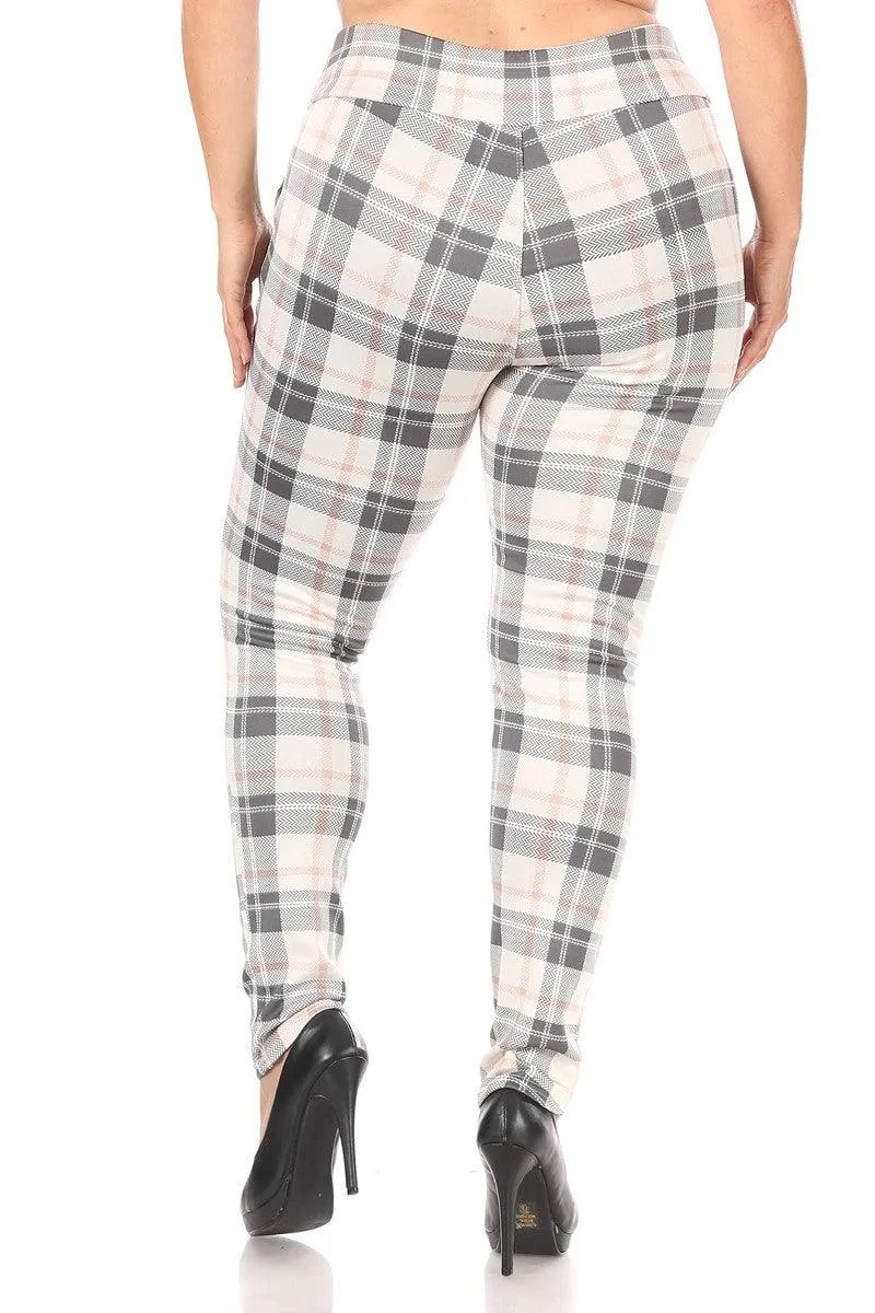 Plus Size Treggings With Zipper Pocket Trim - White & Sage Plaid