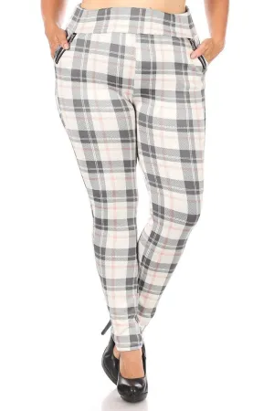 Plus Size Treggings With Zipper Pocket Trim - White & Sage Plaid