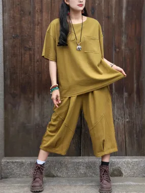 Plus Size Women Casual Summer Solid 100%Cotton Suits PA1011