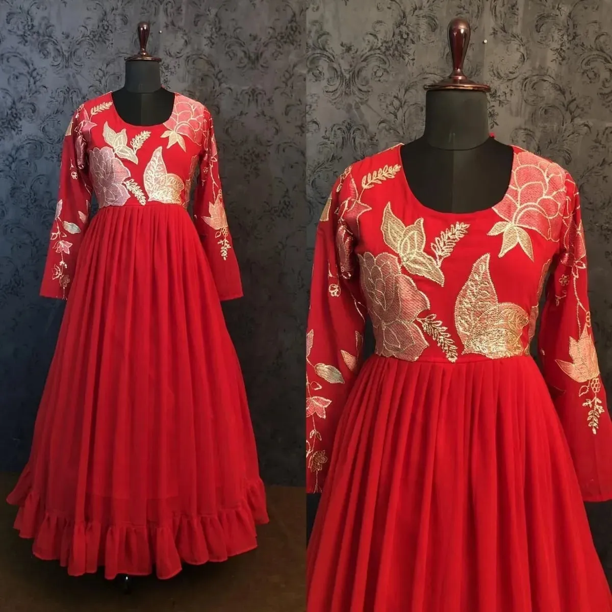 Red Designer Blooming Georgette Gown With Embroidery And Sequins Work